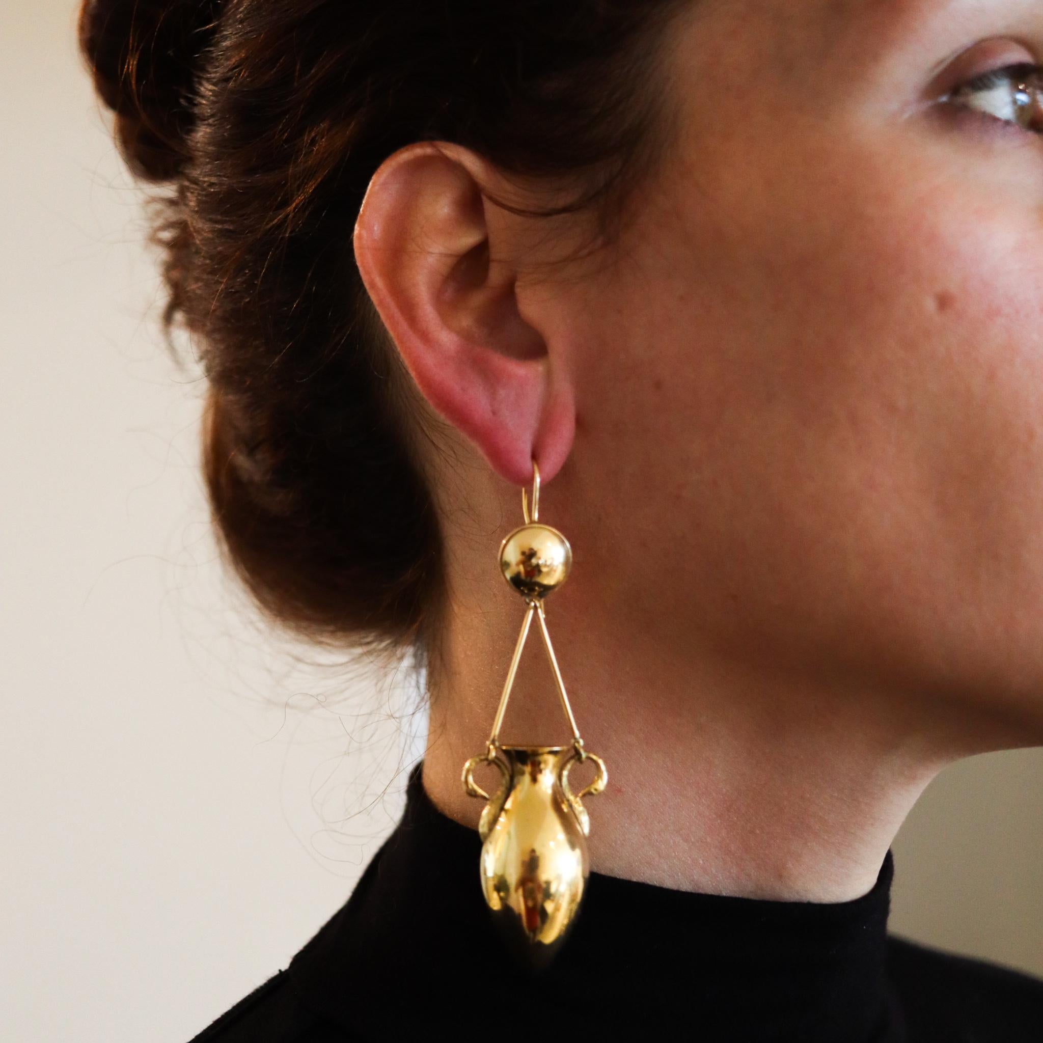 Victorian 1880 Etruscan Revival Classic Amphoras Drop Earrings 18 Kt Yellow Gold 4