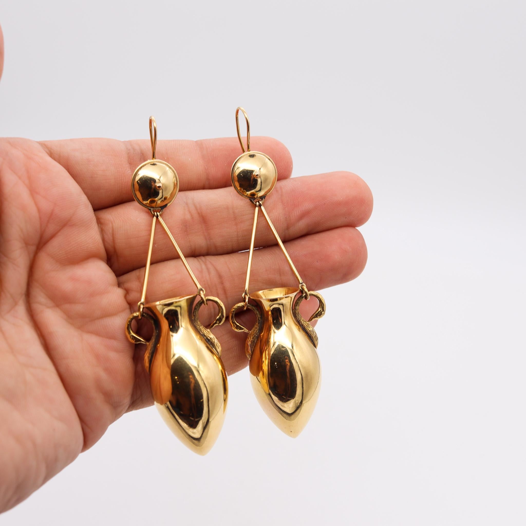 Victorian 1880 Etruscan Revival Classic Amphoras Drop Earrings 18 Kt Yellow Gold 2