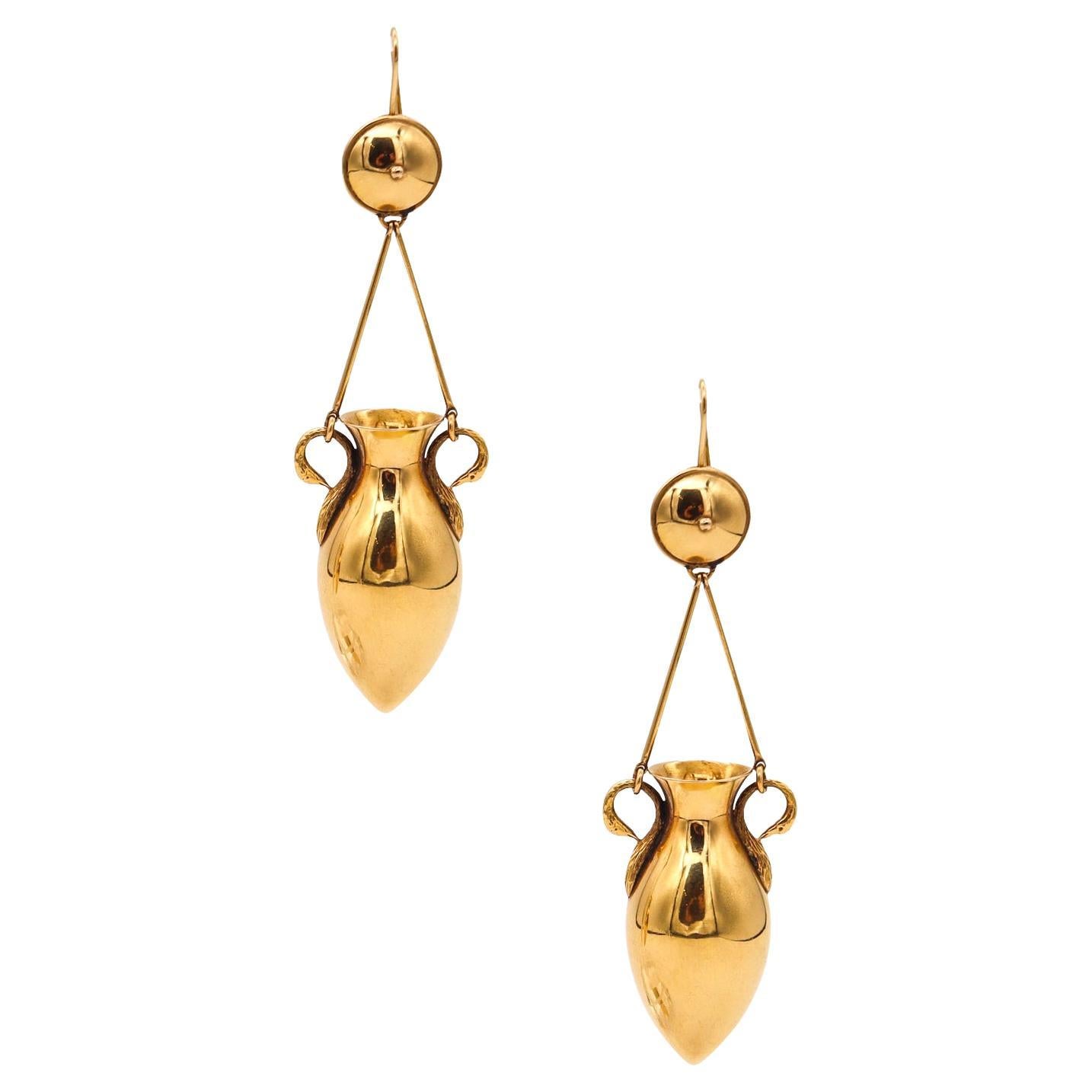 Victorian 1880 Etruscan Revival Classic Amphoras Drop Earrings 18 Kt Yellow Gold