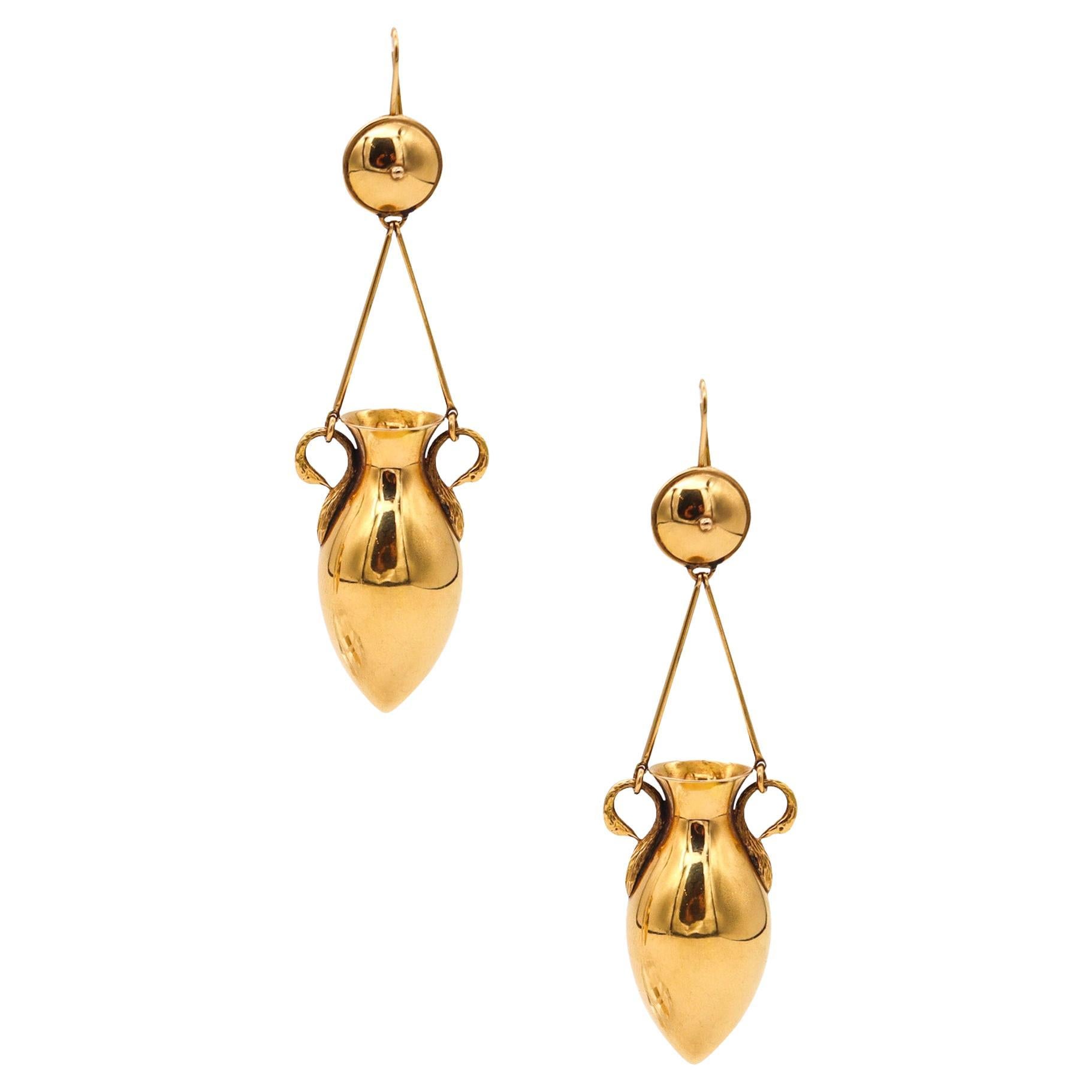 Victorian 1880 Etruscan Revival Classic Amphoras Drop Earrings 18kt Yellow Gold