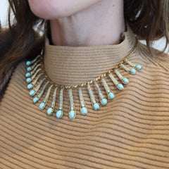 VICTORIAN 1880 Etruscan Revival Festoon Necklace In 14Kt Gold With Turquoises