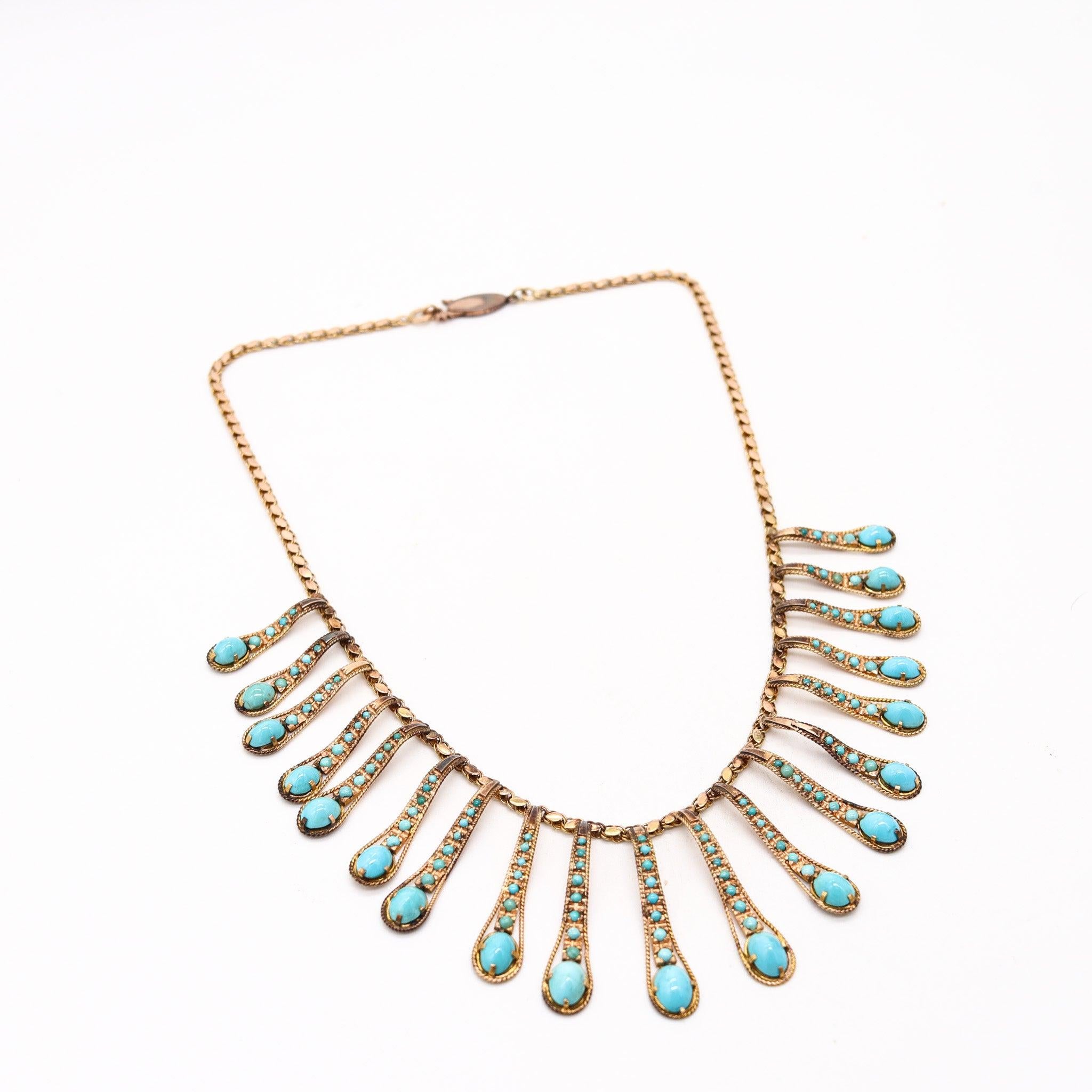 VICTORIAN 1880 Etruscan Revival Festoon Necklace In 14Kt Gold With Turquoises Renacimiento etrusco en venta