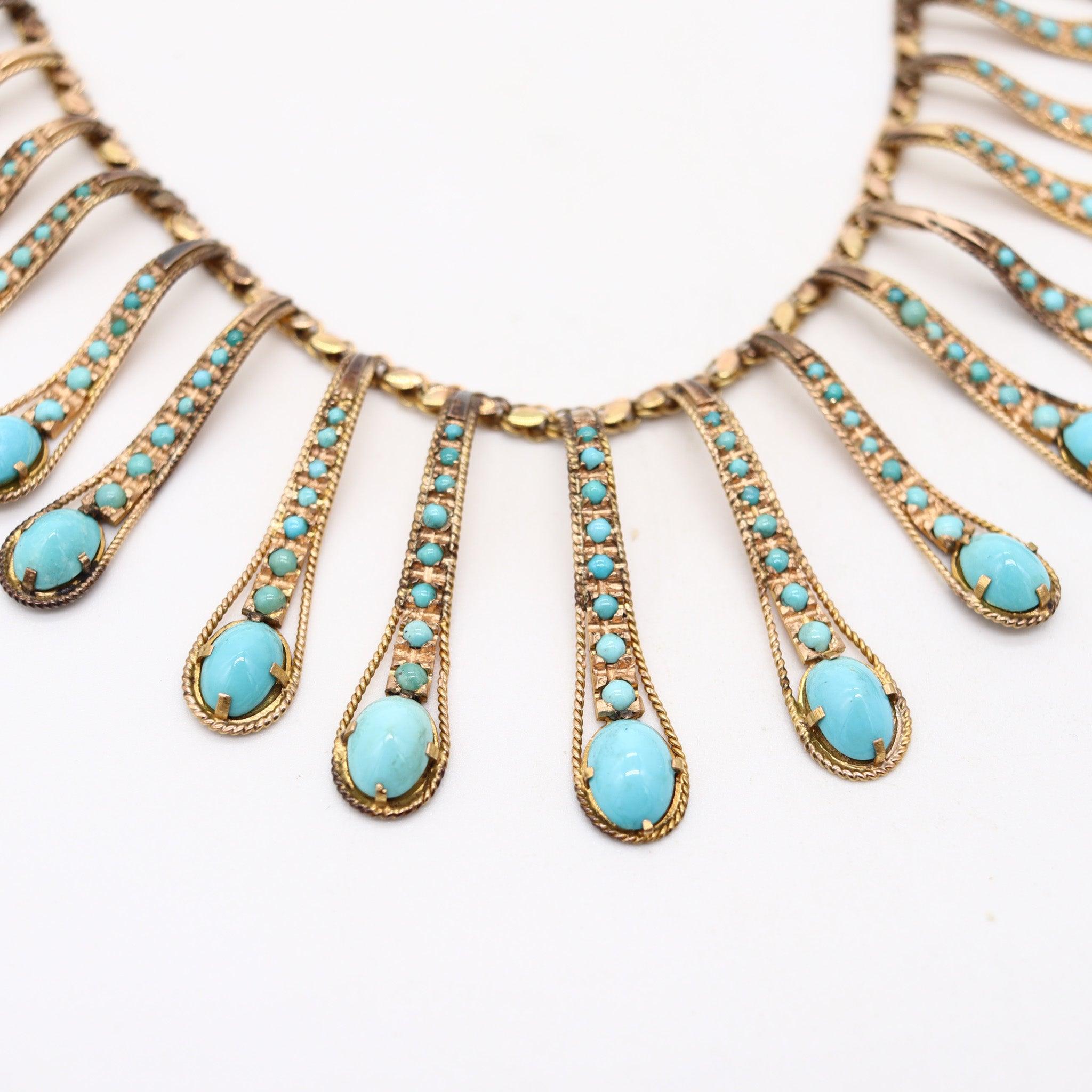 VICTORIAN 1880 Etruscan Revival Festoon Necklace In 14Kt Gold With Turquoises Cabujón en venta