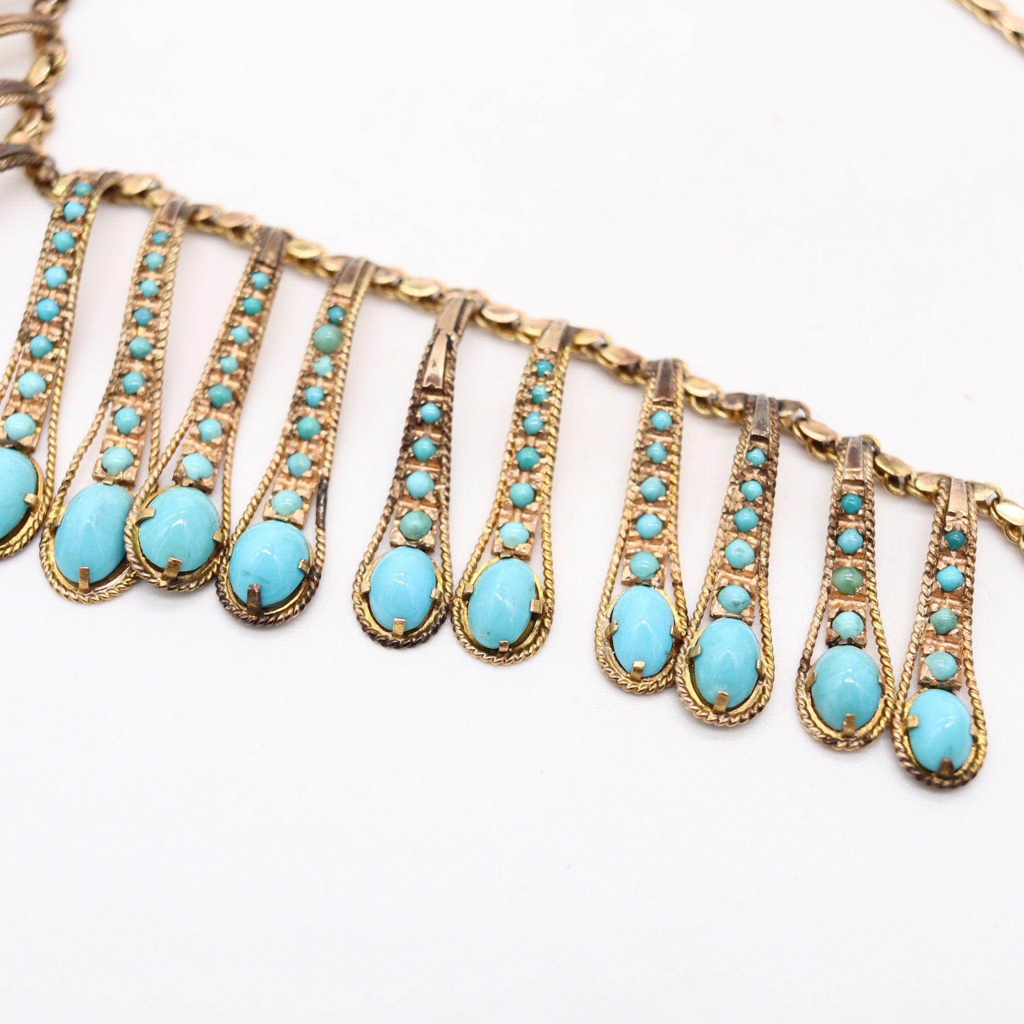 VICTORIAN 1880 Etruscan Revival Festoon Necklace In 14Kt Gold With Turquoises en Excelente estado para la venta en Miami, FL