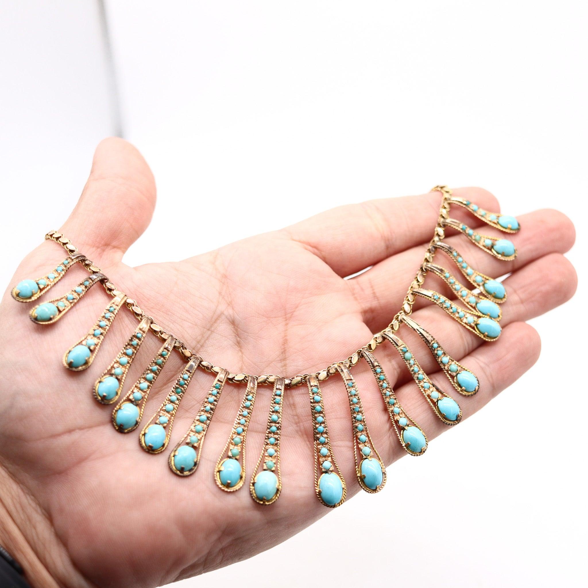 VICTORIAN 1880 Etruscan Revival Festoon Necklace In 14Kt Gold With Turquoises en venta 1