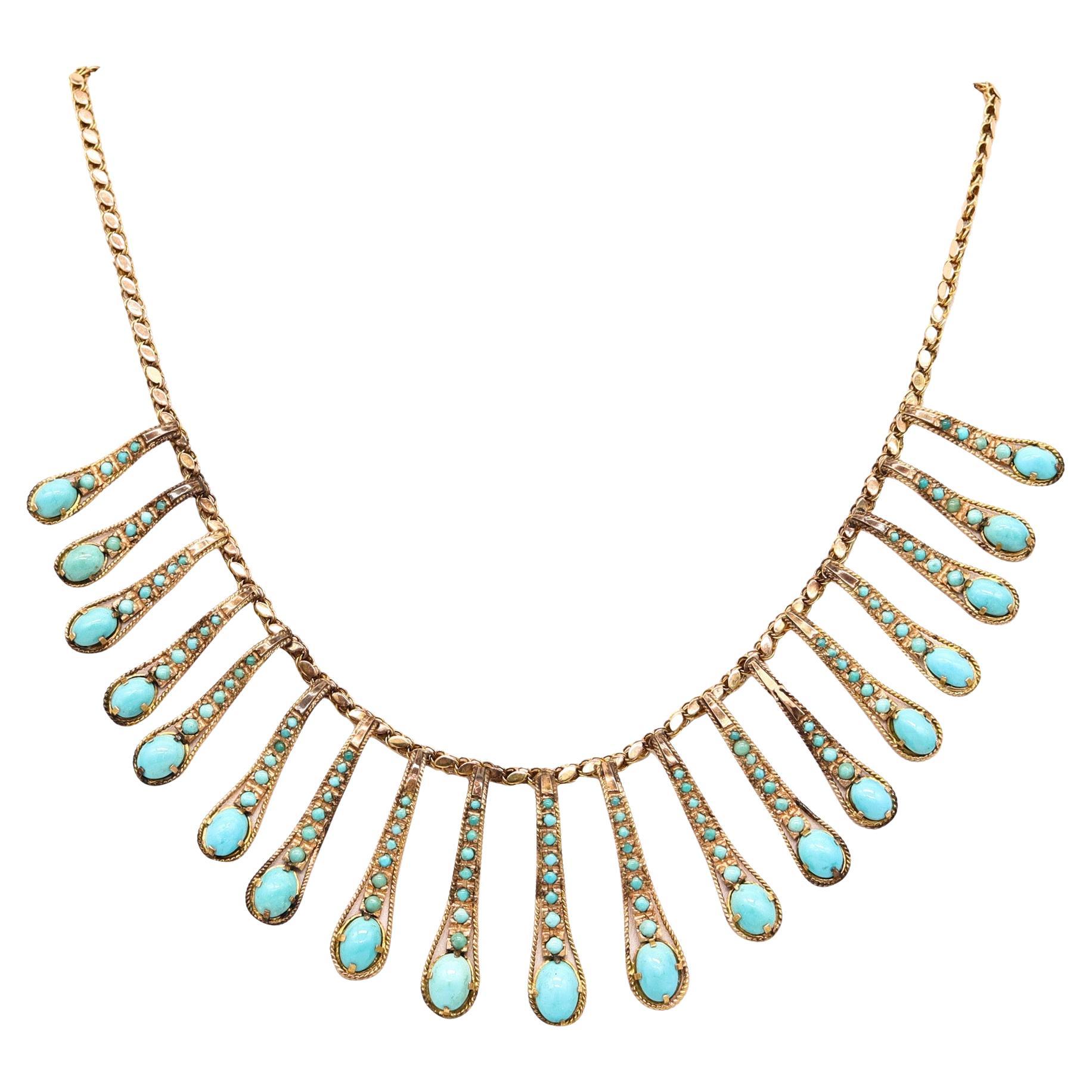 VICTORIAN 1880 Etruscan Revival Festoon Necklace In 14Kt Gold With Turquoises