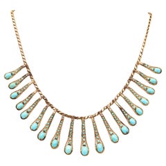 VICTORIAN 1880 Etruscan Revival Festoon Necklace In 14Kt Gold With Turquoises