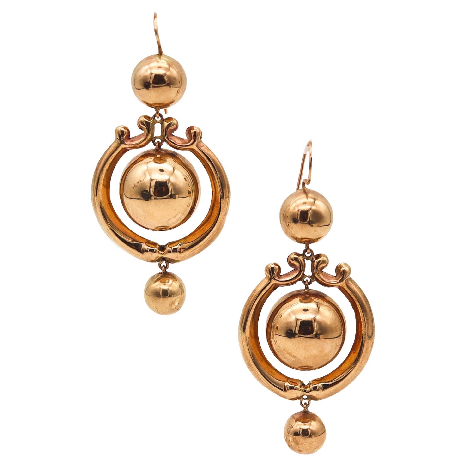 Victorian 1880 Etruscan Revival Large Dangle Drop Earrings In 15 Kt Yellow Gold For Sale