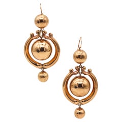 Used Victorian 1880 Etruscan Revival Large Dangle Drop Earrings In 15 Kt Yellow Gold