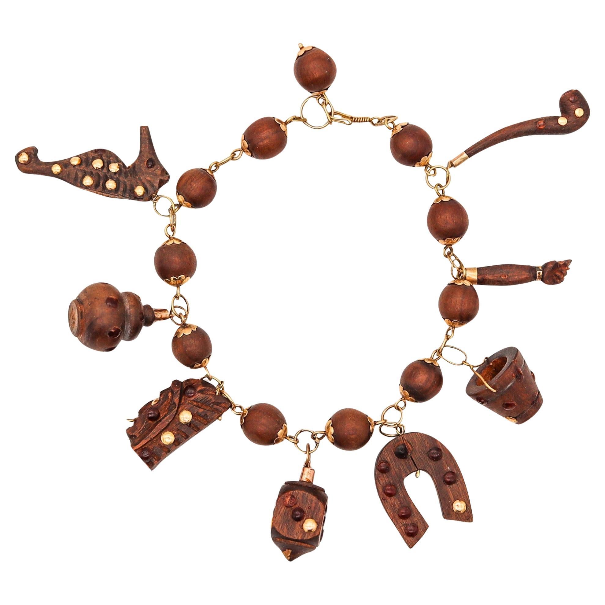 VICTORIAN 1880 Exceptional Charms Bracelet In Wood Mounted In 18Kt Yellow Gold