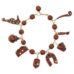 VICTORIAN 1880 Exceptional Charms Bracelet In Wood Mounted In 18Kt Yellow Gold