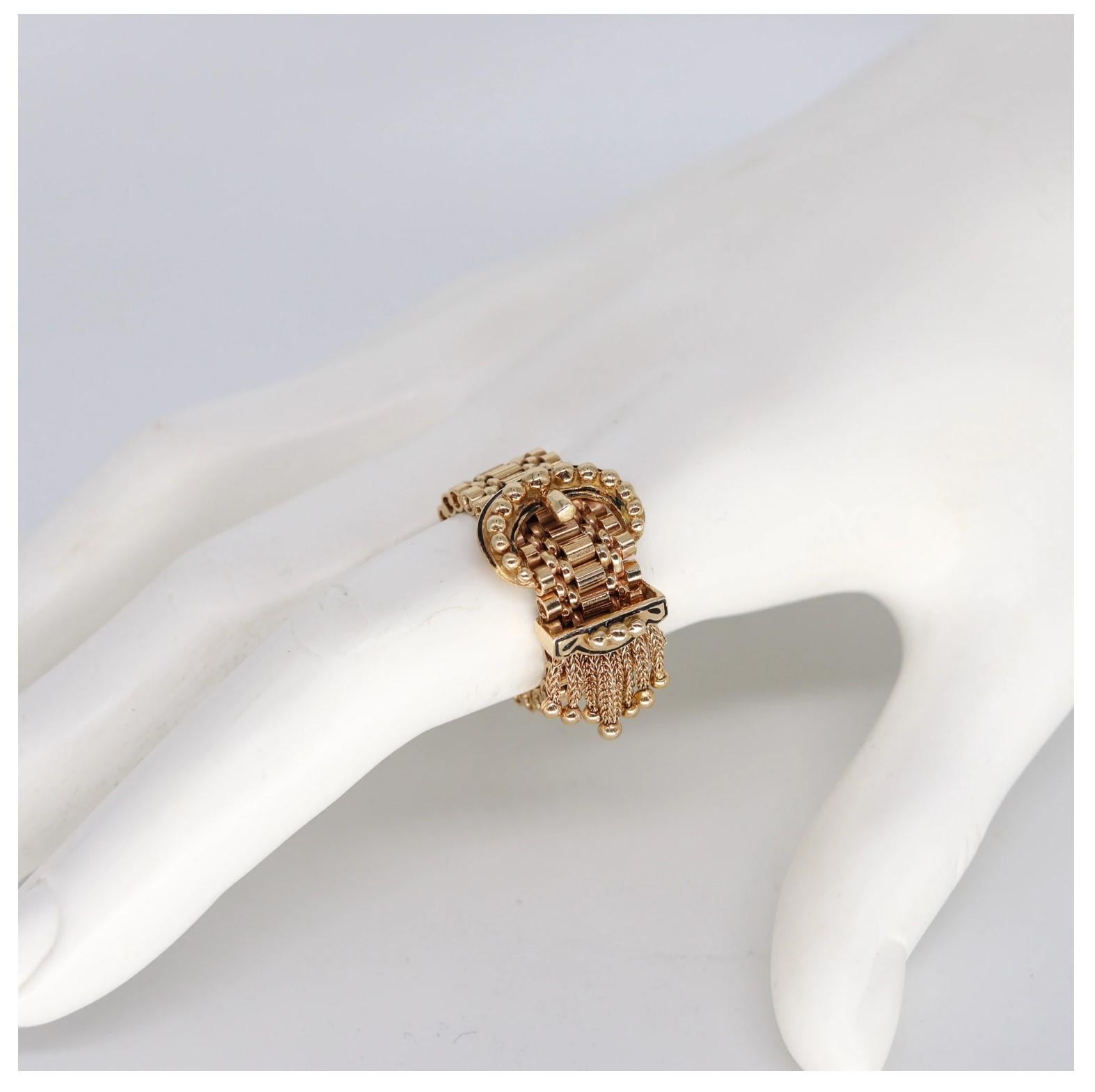 Women's Victorian 1880 Flexible Buckle Ring with Fringes in 14 Kt Yellow Gold and Enamel