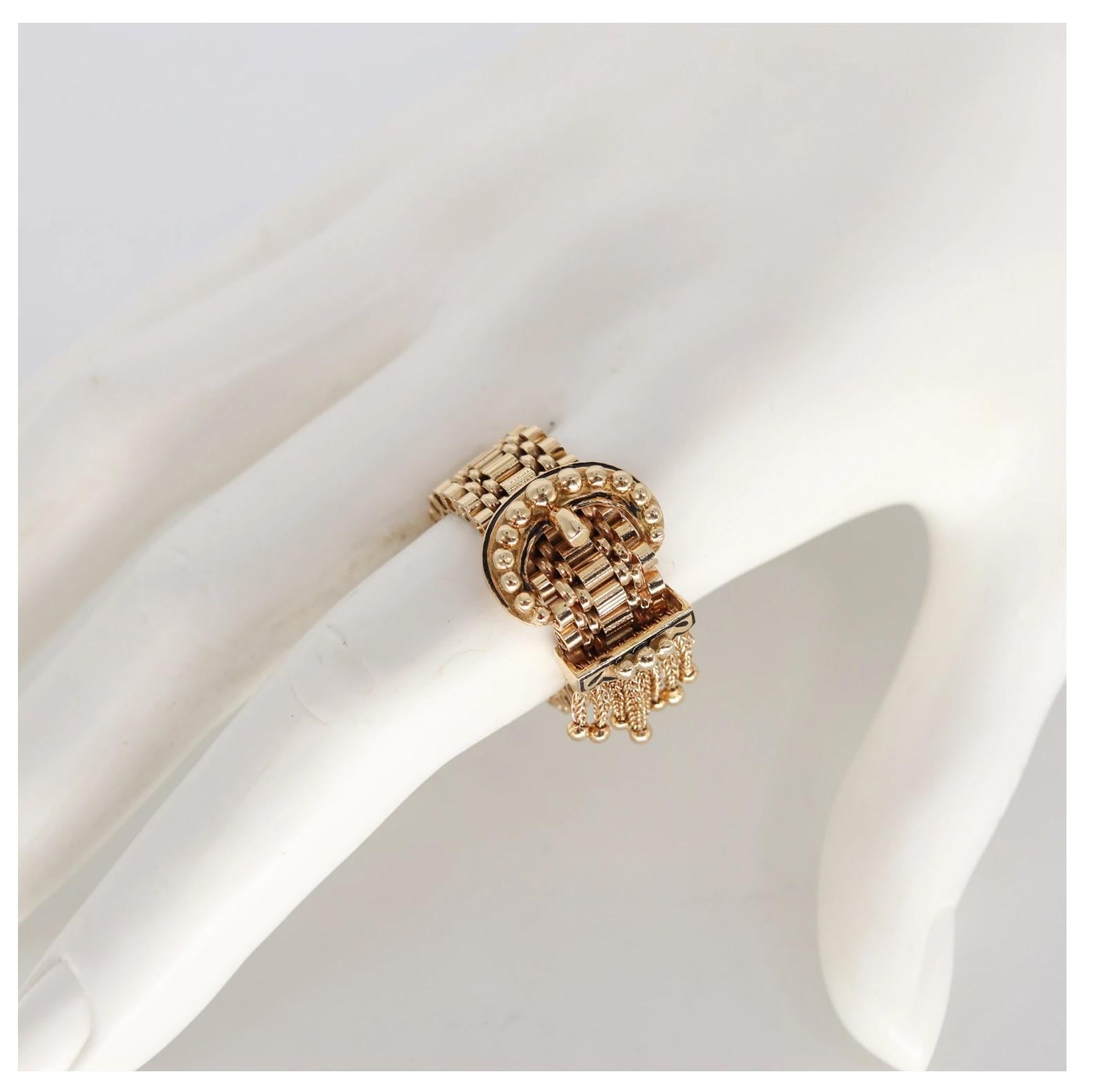 Victorian 1880 Flexible Buckle Ring with Fringes in 14 Kt Yellow Gold and Enamel 1