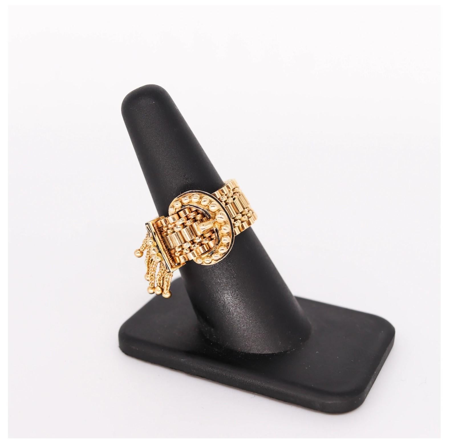Victorian 1880 Flexible Buckle Ring with Fringes in 14 Kt Yellow Gold and Enamel 2