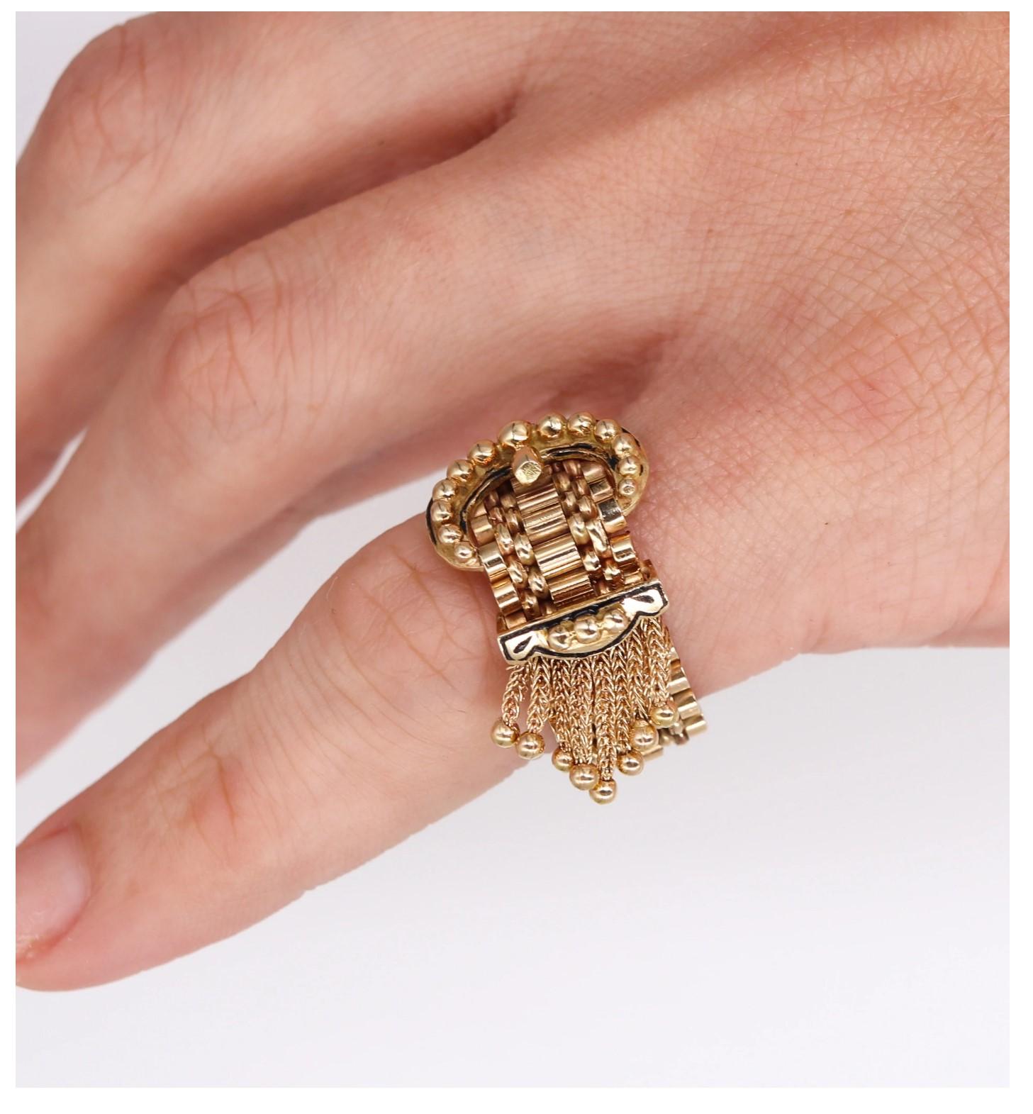 Victorian 1880 Flexible Buckle Ring with Fringes in 14 Kt Yellow Gold and Enamel 3