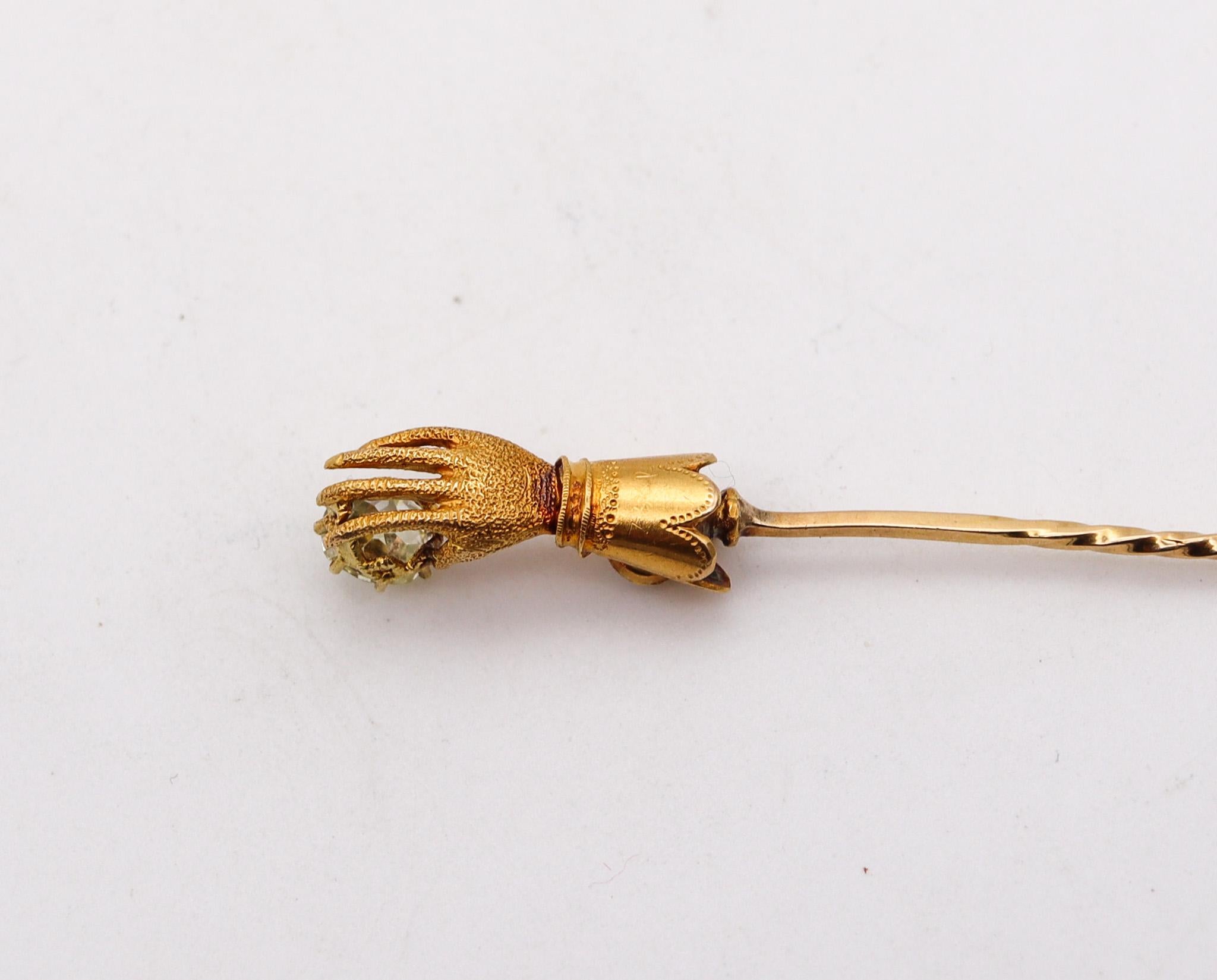 Women's or Men's Victorian 1880 Hand Glove Stick Pin in 18 Karat Gold with Two Rose Cut Diamonds For Sale