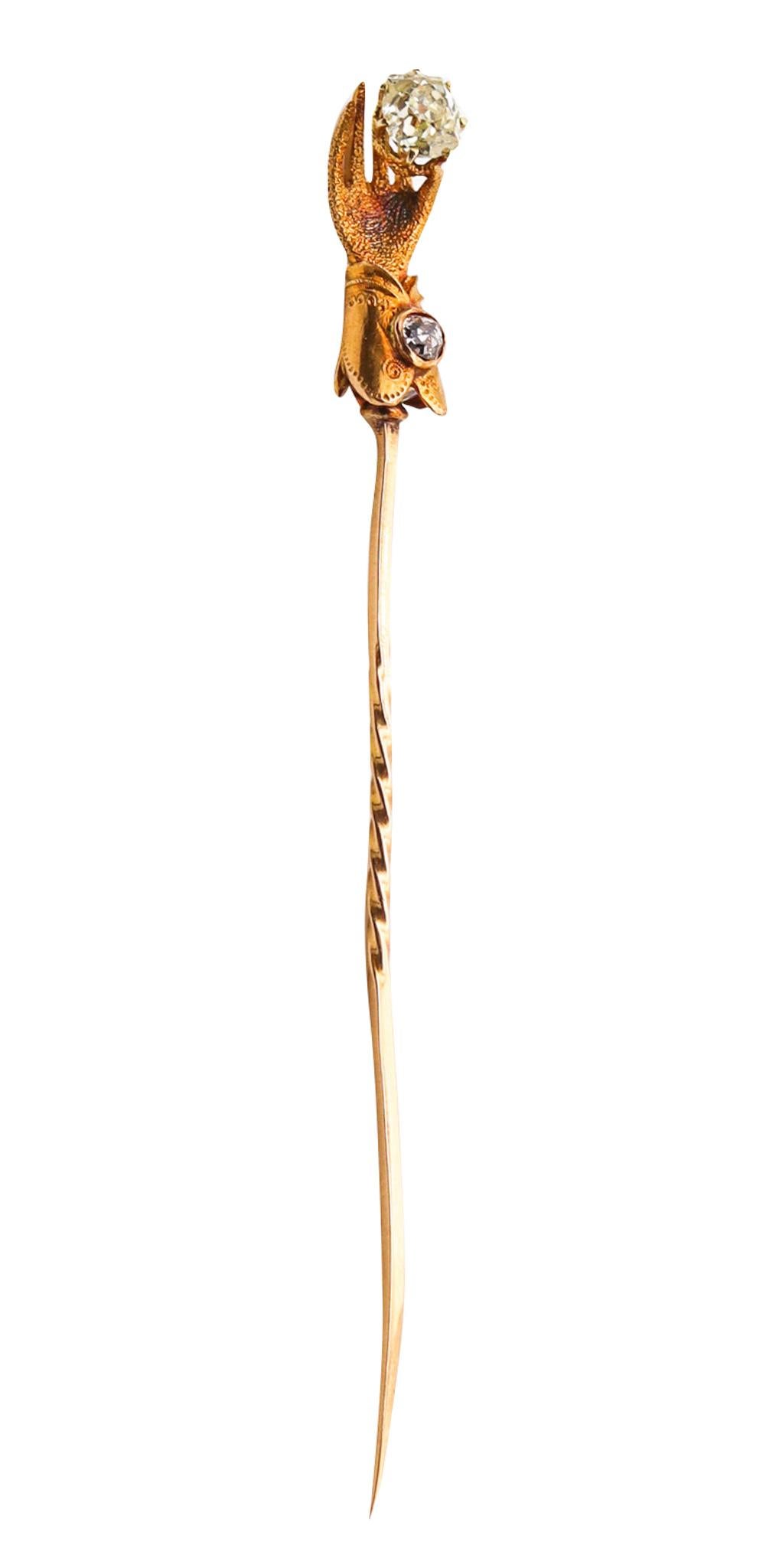 Victorian 1880 Hand Glove Stick Pin in 18 Karat Gold with Two Rose Cut Diamonds For Sale