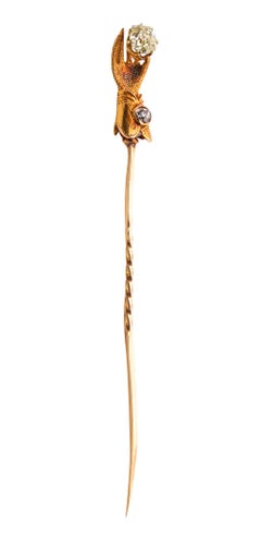 Victorian 1880 Hand Glove Stick Pin in 18 Karat Gold with Two Rose Cut Diamonds