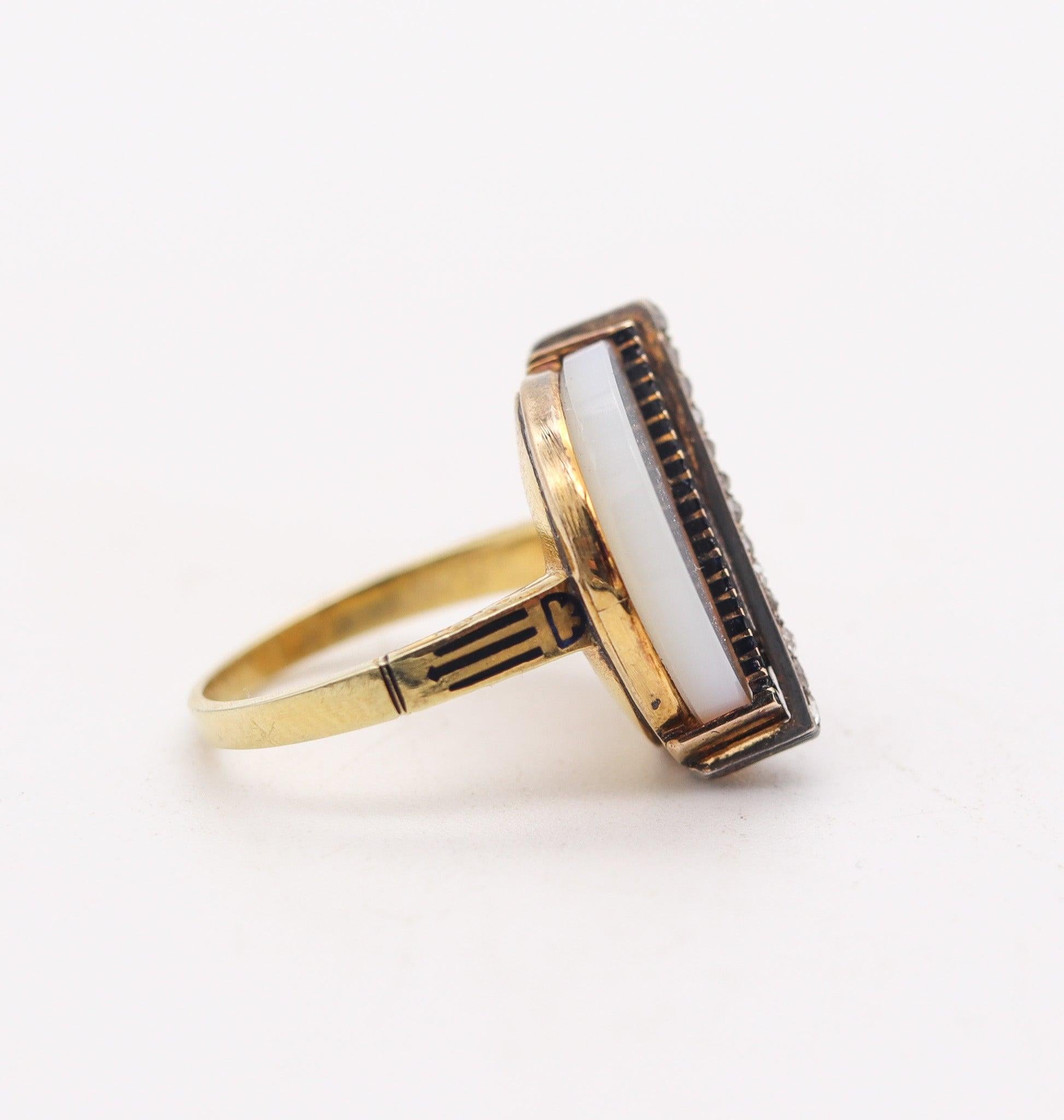 Women's VICTORIAN 1880 Industrialism Cocktail Ring In 14Kt Gold With Agate & Diamonds For Sale