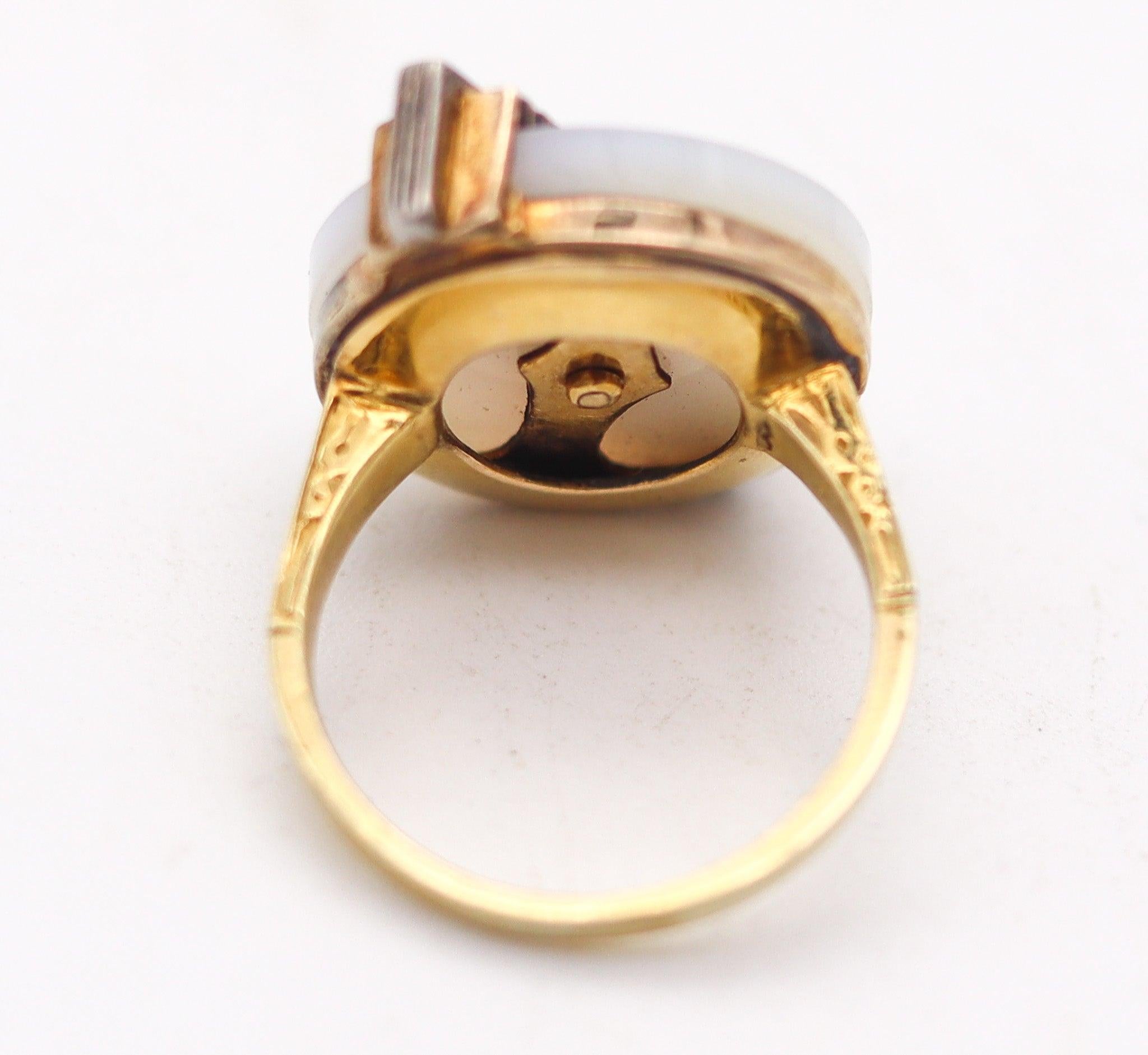 VICTORIAN 1880 Industrialism Cocktail Ring In 14Kt Gold With Agate & Diamonds For Sale 1