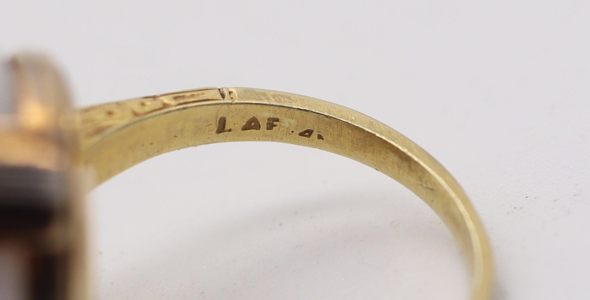 VICTORIAN 1880 Industrialism Cocktail Ring In 14Kt Gold With Agate & Diamonds For Sale 2
