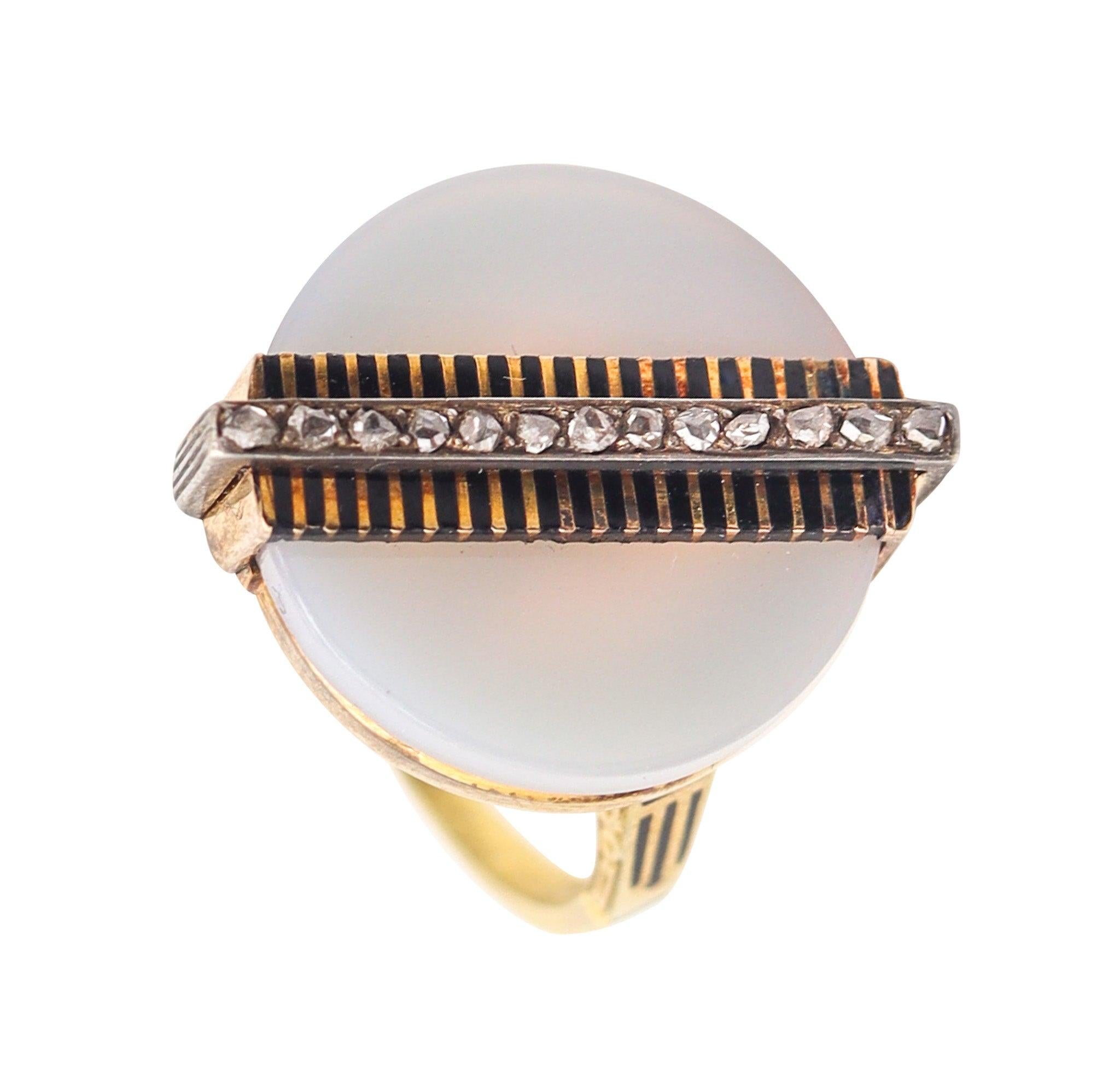 VICTORIANO 1880 Anillo de cóctel del industrialismo en oro de 14 quilates con ágata y diamantes