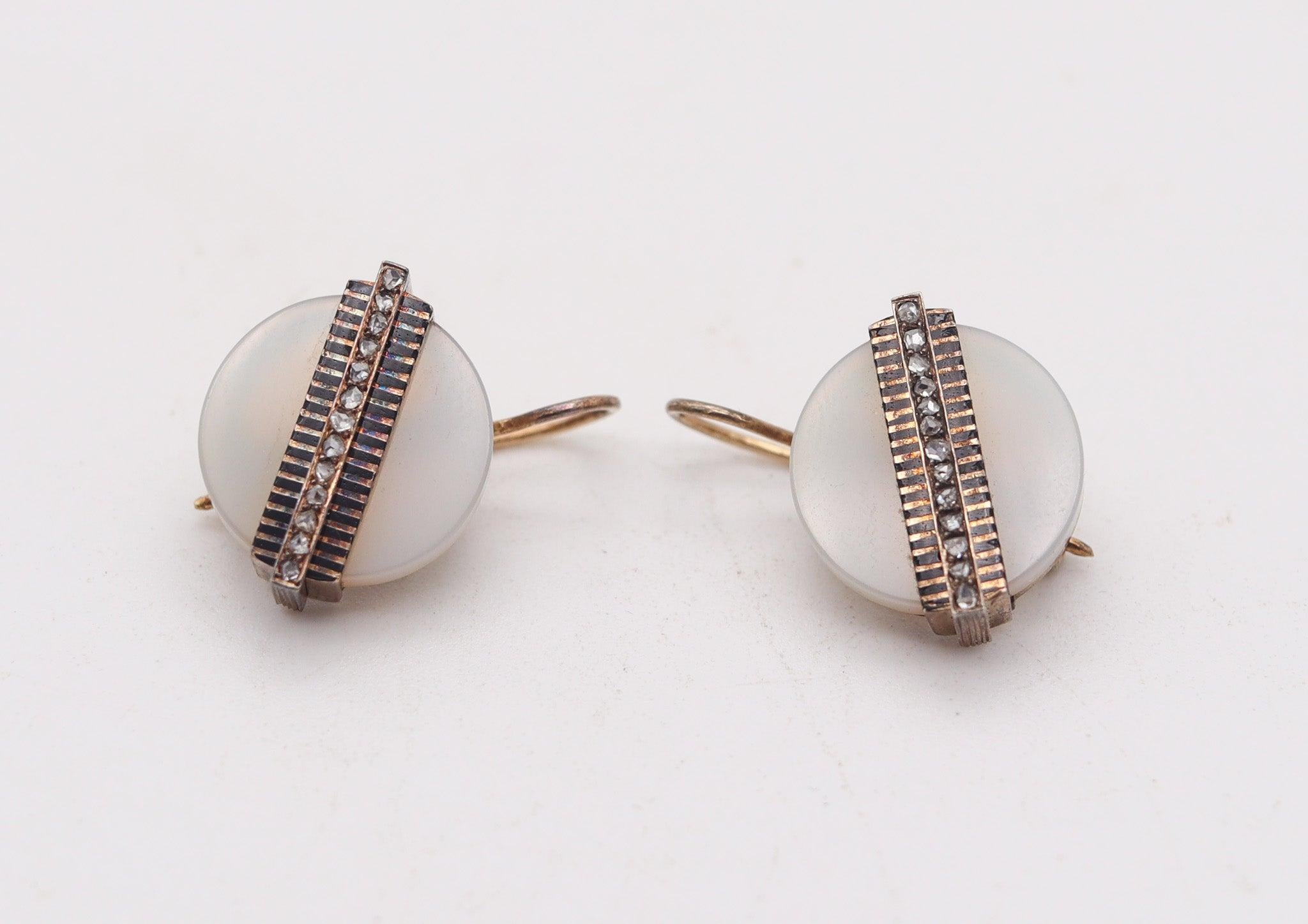 Neoclassical VICTORIAN 1880 Industrialism Dangle Earrings In 14Kt Gold With Agate & Diamonds For Sale