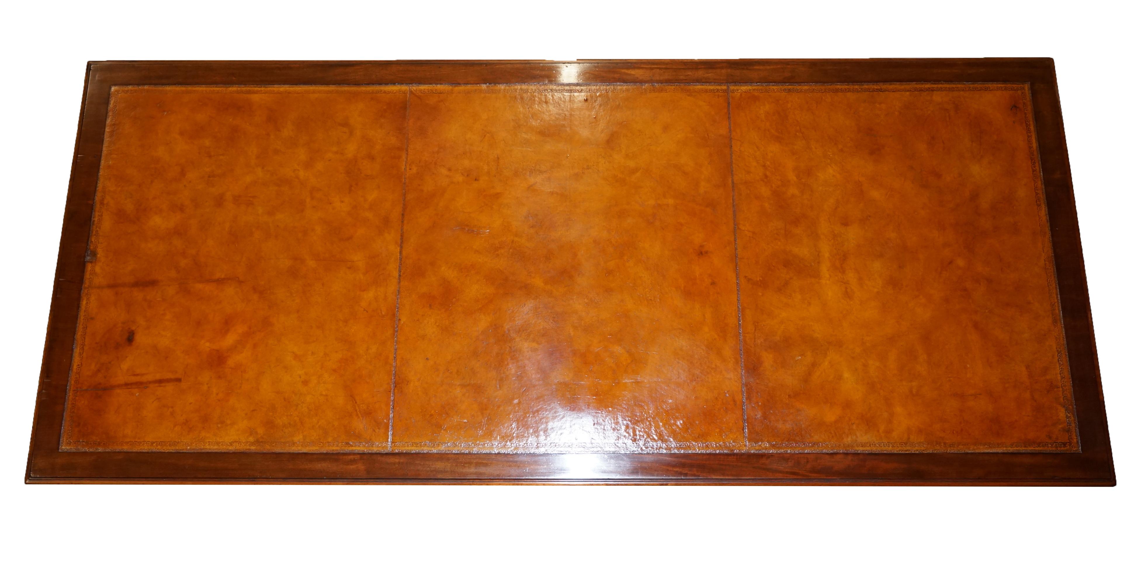 High Victorian Victorian 1880 Restored Hand Dyed Brown Leather & Hardwood Dining Table 6 Drawrs