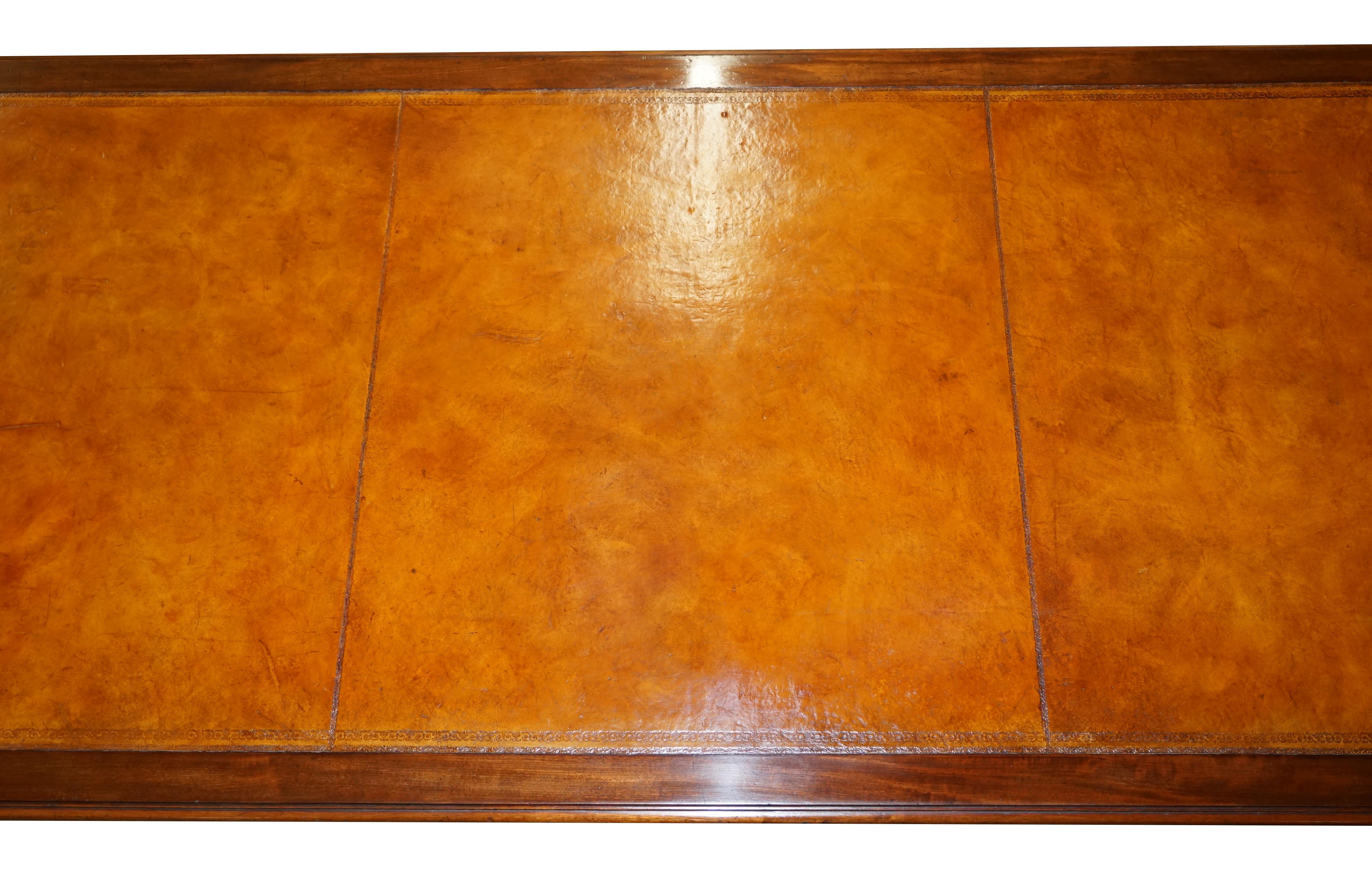 Hand-Crafted Victorian 1880 Restored Hand Dyed Brown Leather & Hardwood Dining Table 6 Drawrs
