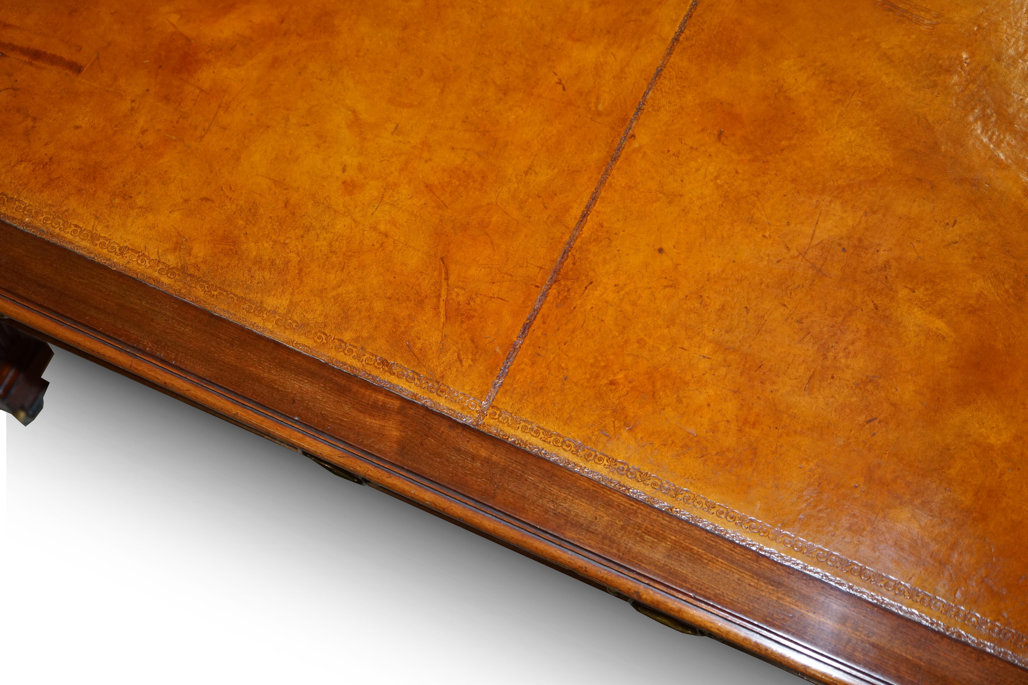 Late 19th Century Victorian 1880 Restored Hand Dyed Brown Leather & Hardwood Dining Table 6 Drawrs