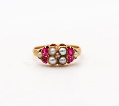 Victorian 1880 Ring In 18Kt Yellow Gold With Rubies And Round White Pearls