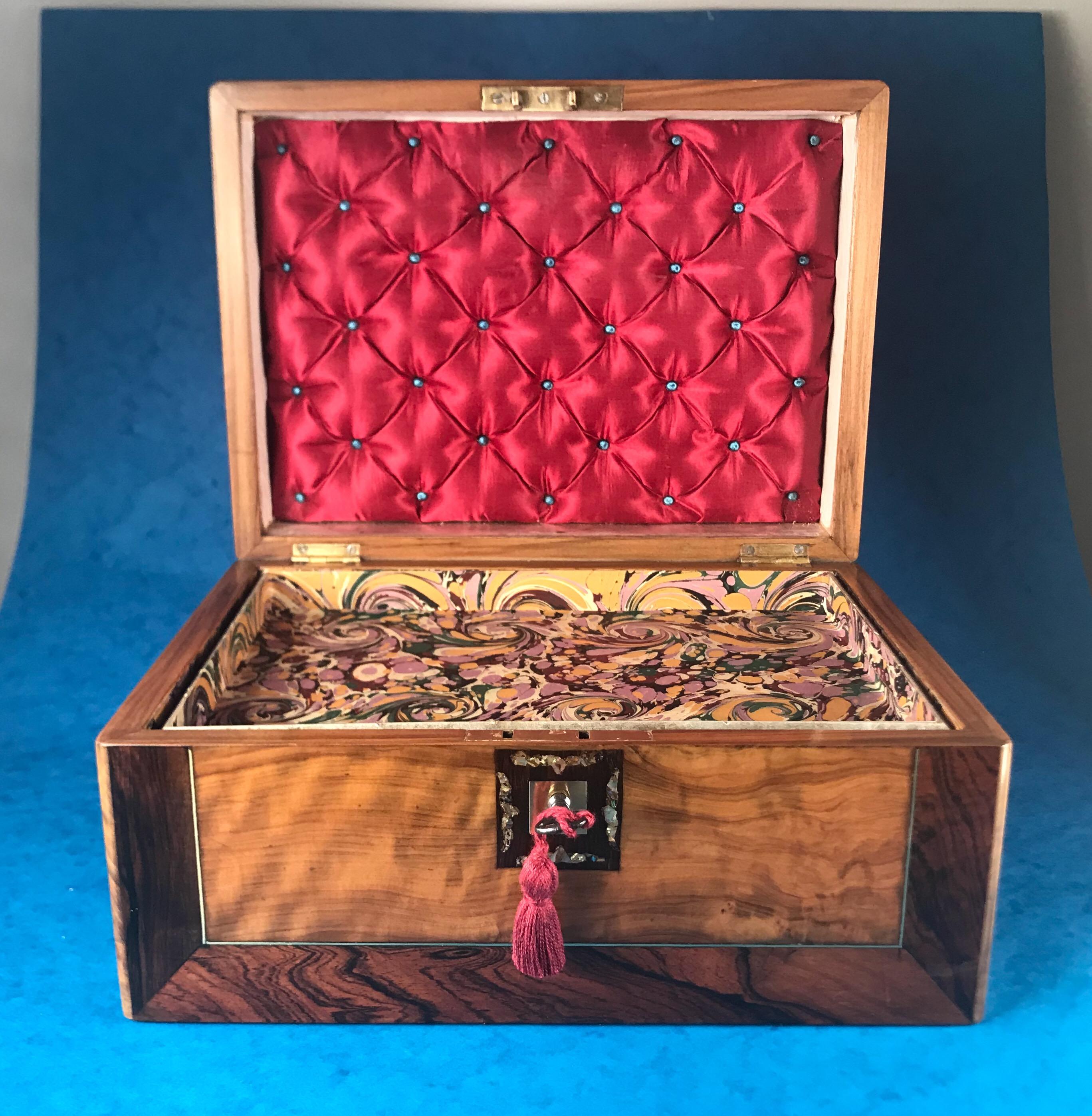 Victorian 1880 Rosewood, Olive Wood and Brass Inlaid Jewelry Box 4