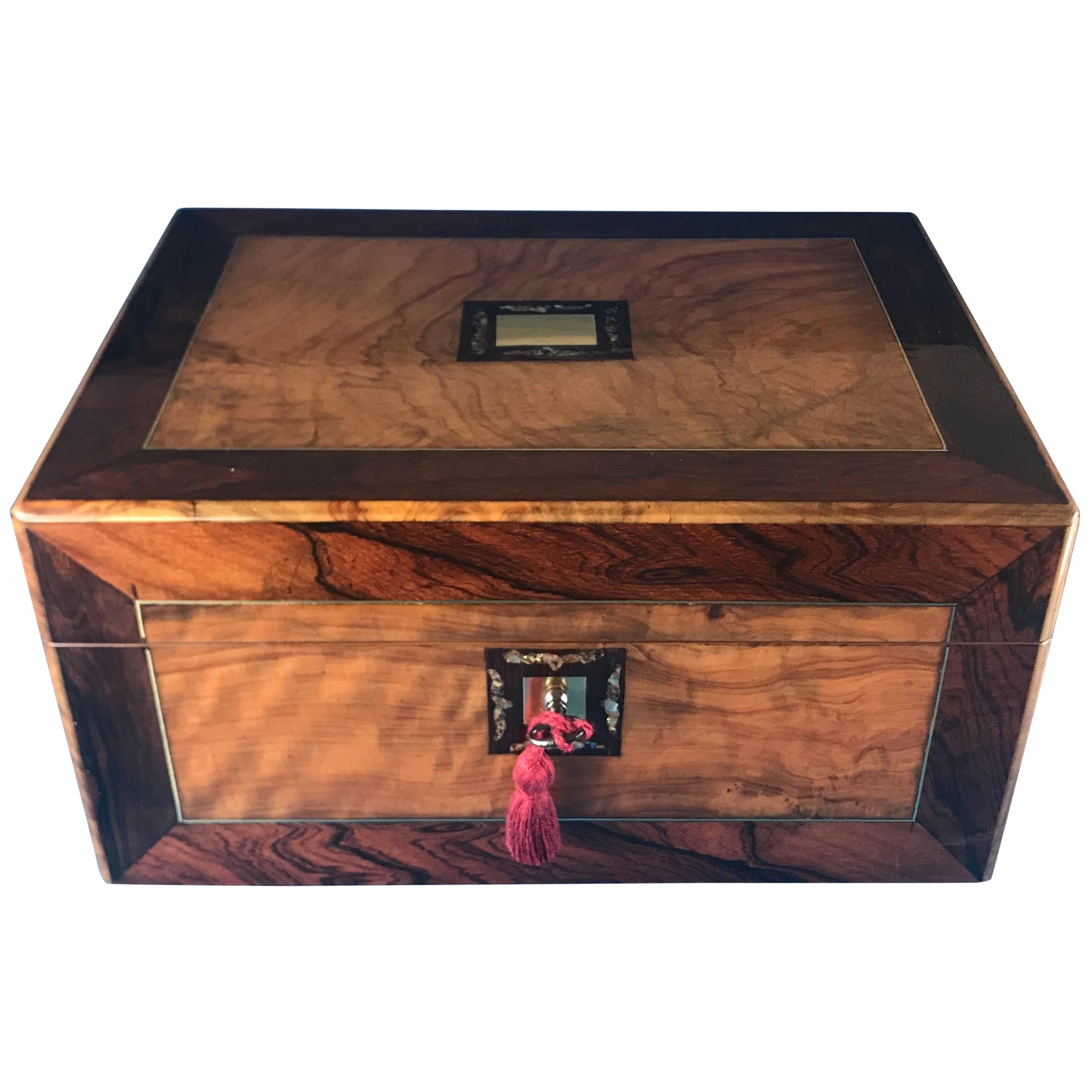 Victorian 1880 Rosewood, Olive Wood and Brass Inlaid Jewelry Box