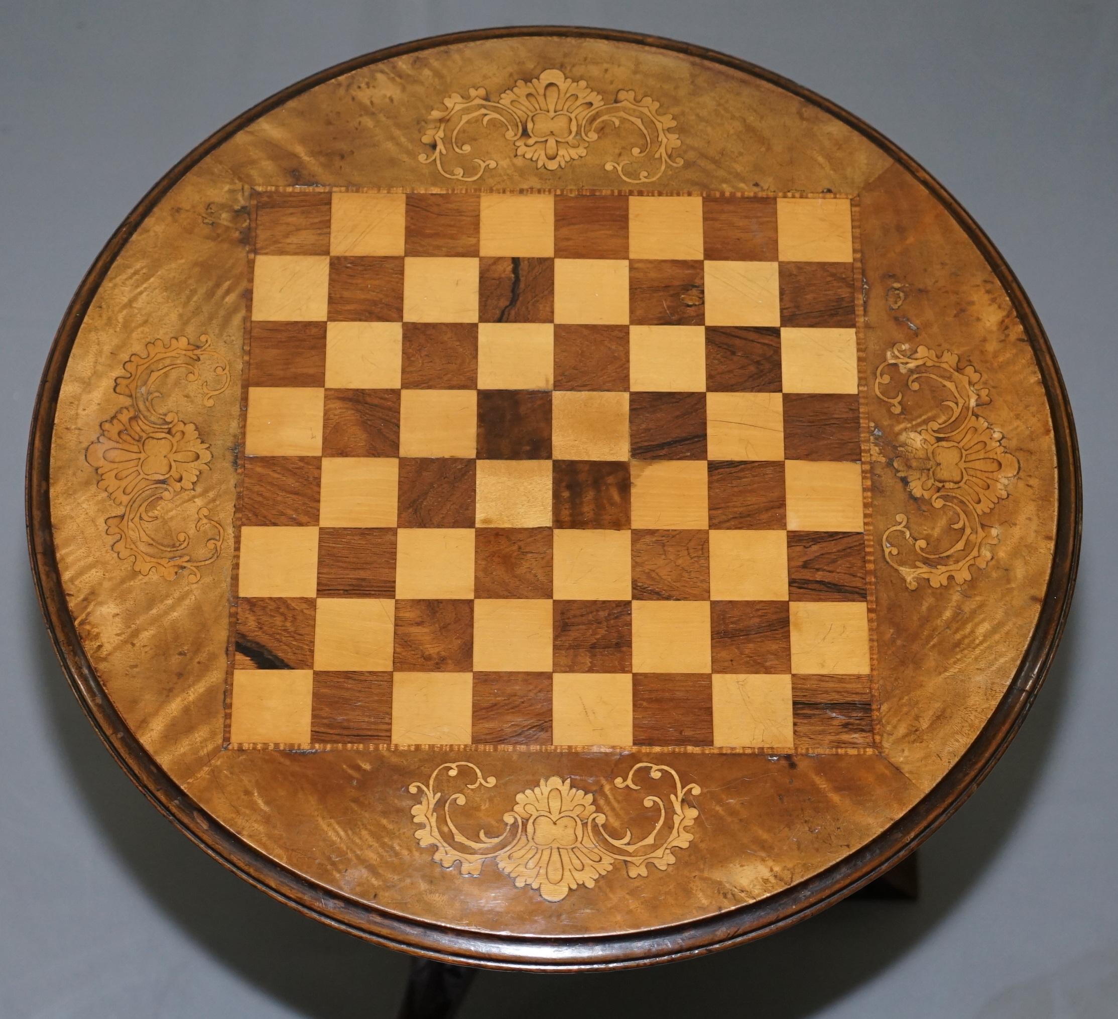 English Victorian 1880 Walnut & Boxwood Marquetry Inlaid Chess Games Table Ornate Legs