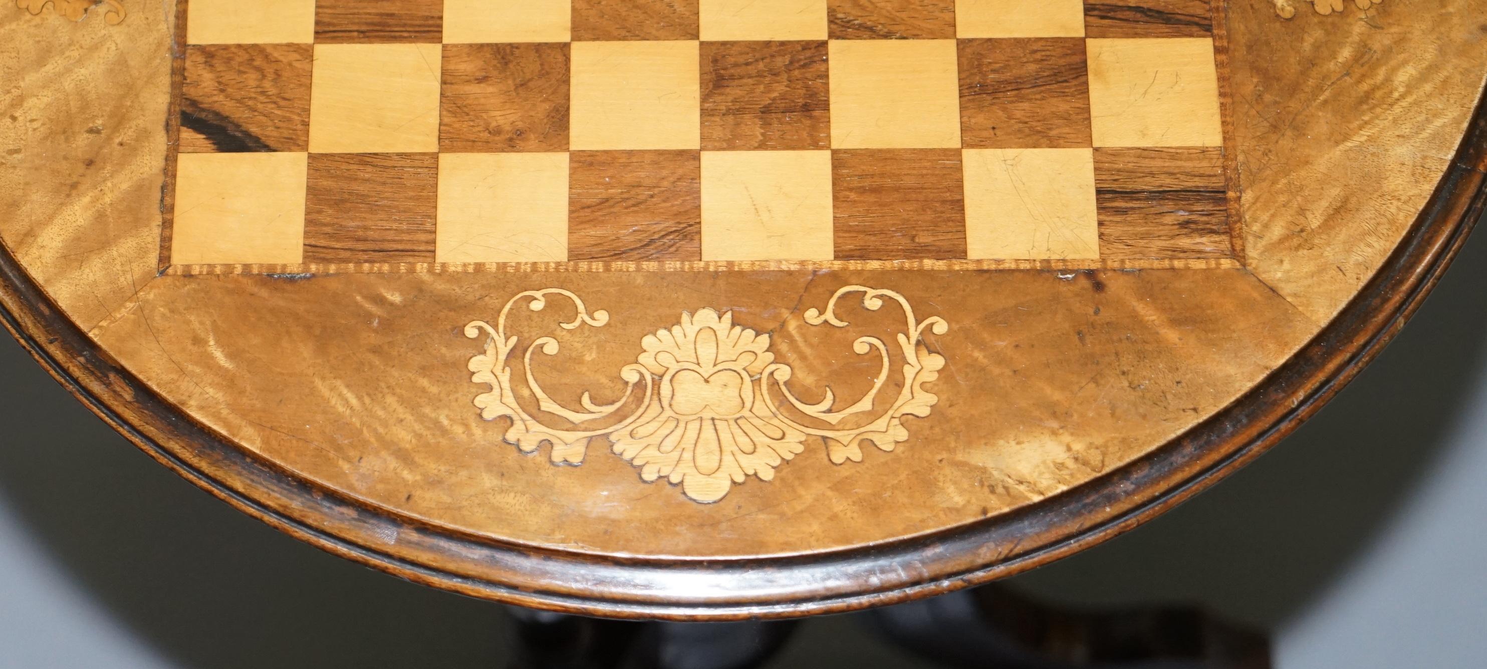 Late 19th Century Victorian 1880 Walnut & Boxwood Marquetry Inlaid Chess Games Table Ornate Legs