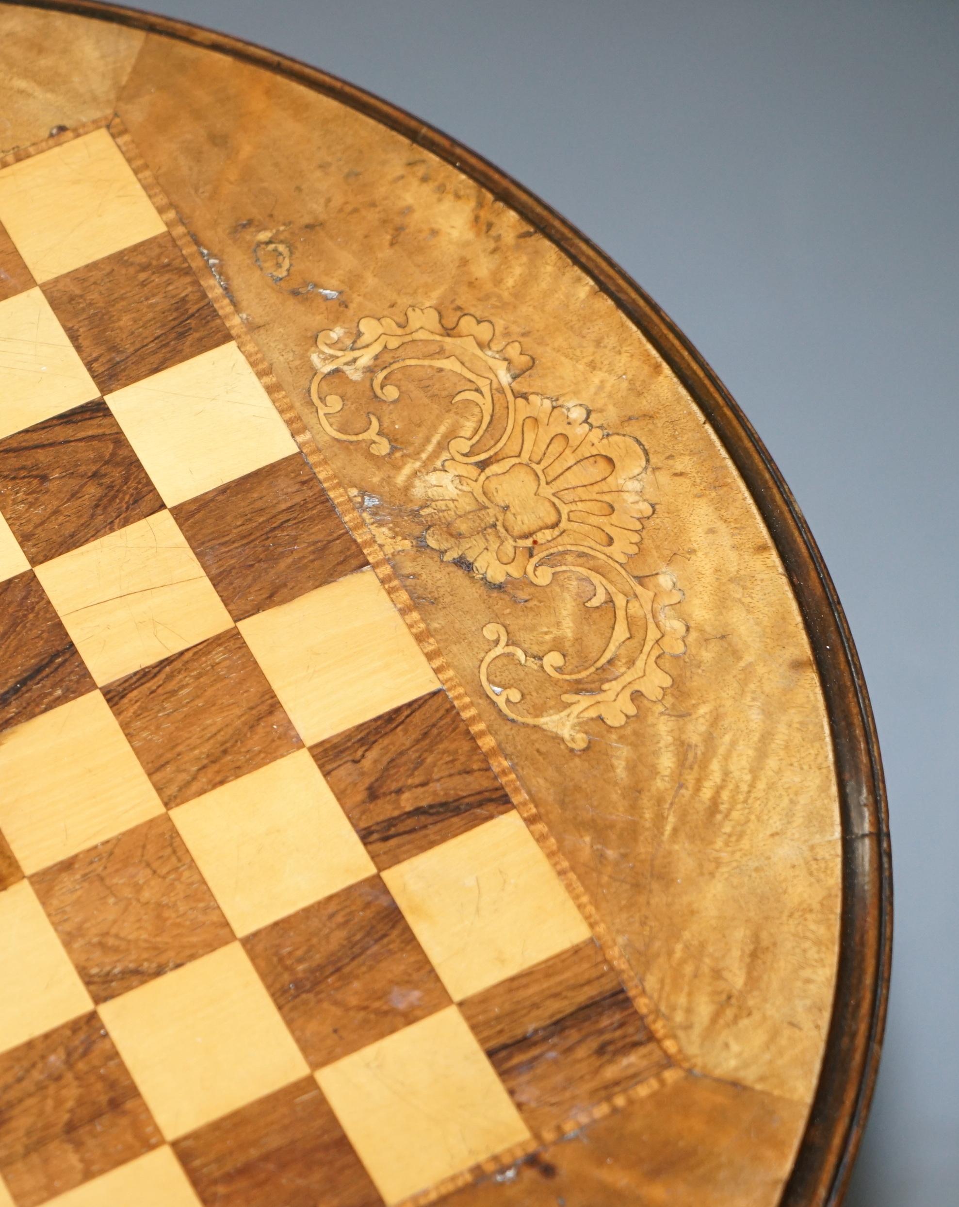 Victorian 1880 Walnut & Boxwood Marquetry Inlaid Chess Games Table Ornate Legs 3