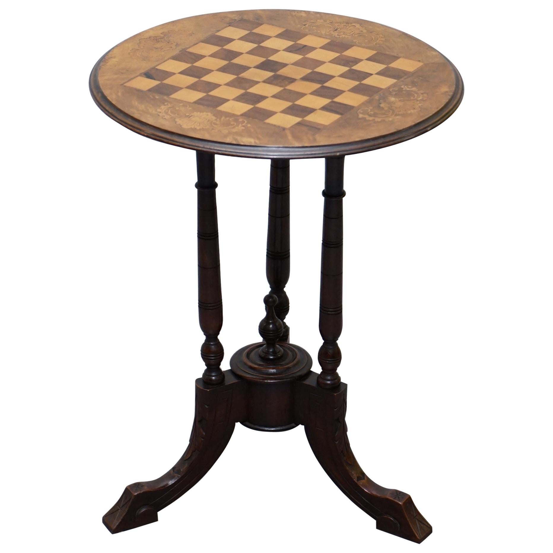 Victorian 1880 Walnut & Boxwood Marquetry Inlaid Chess Games Table Ornate Legs