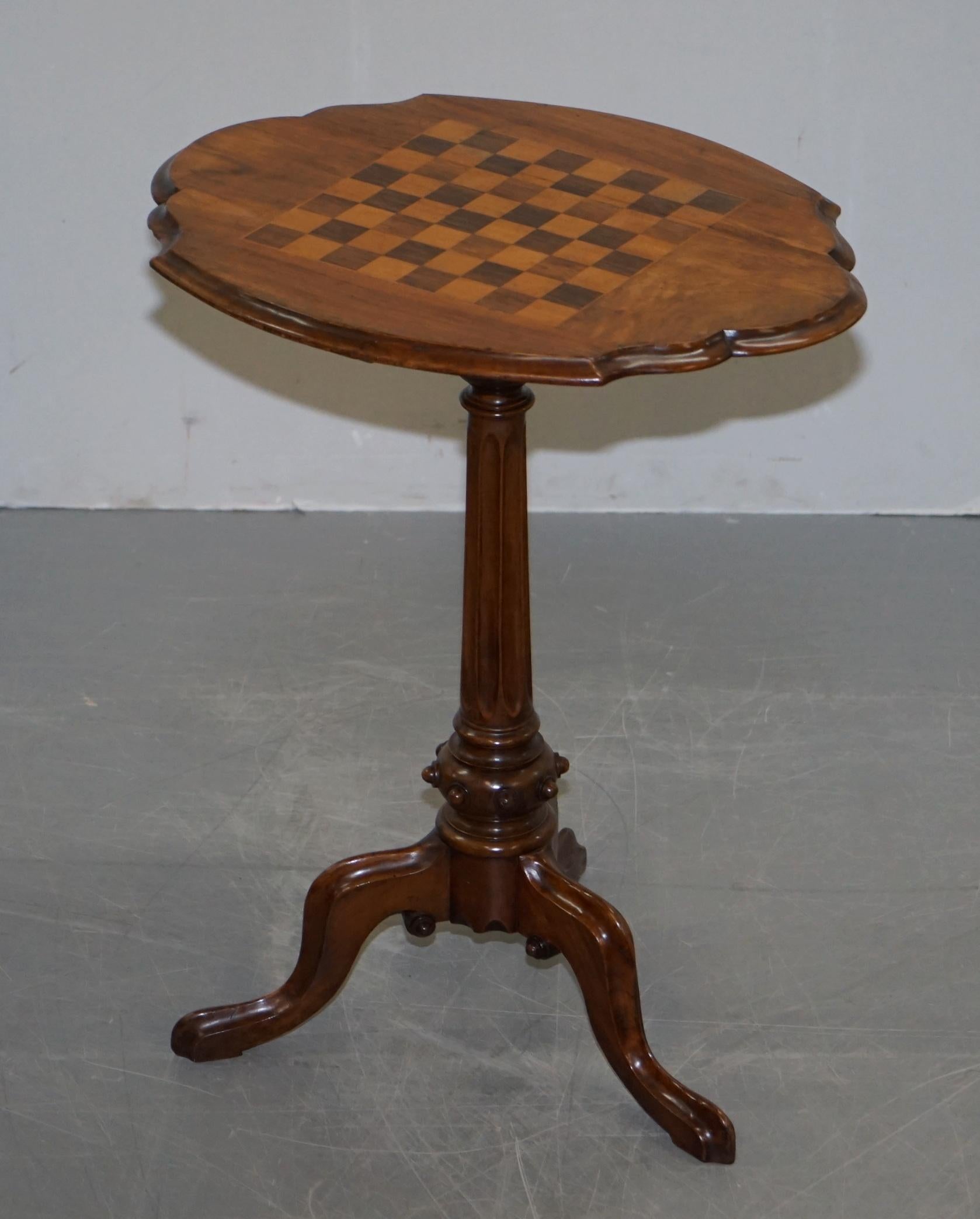 High Victorian Victorian 1880 Walnut & Hardwood Marquetry Inlaid Chess Games Table Ornate Legs For Sale