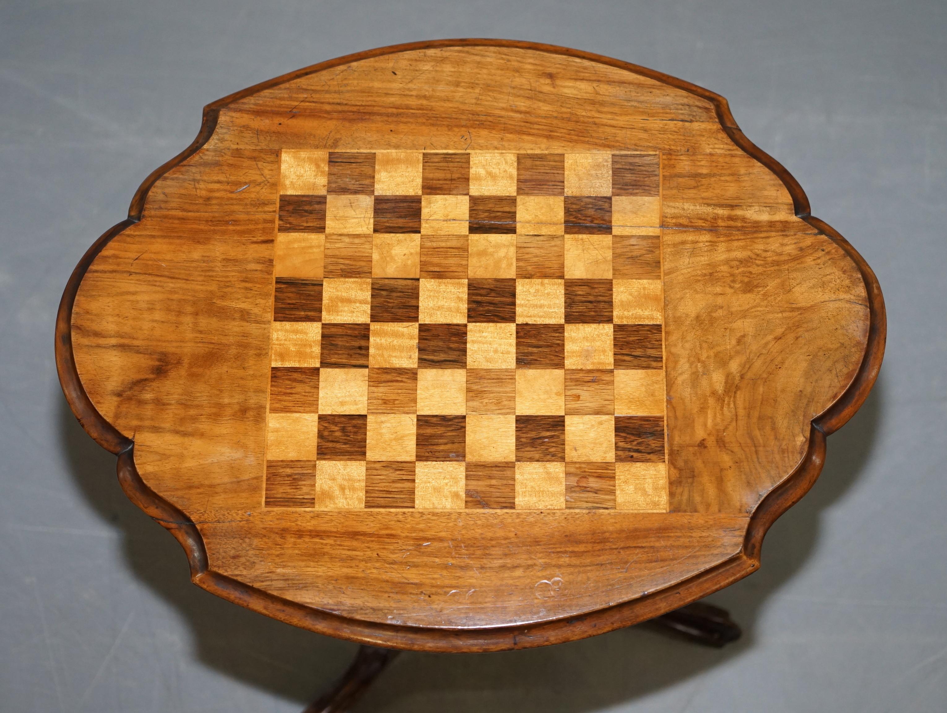 English Victorian 1880 Walnut & Hardwood Marquetry Inlaid Chess Games Table Ornate Legs For Sale