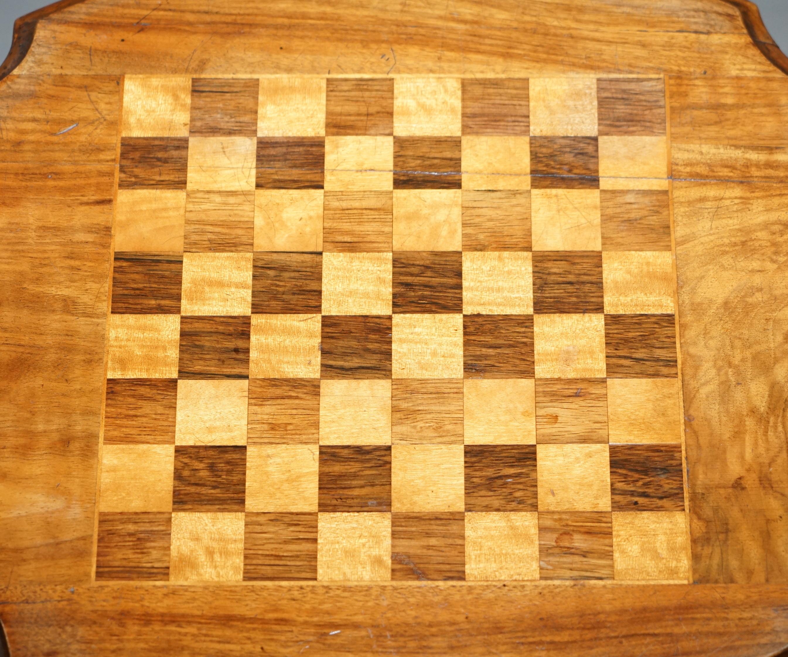 Hand-Crafted Victorian 1880 Walnut & Hardwood Marquetry Inlaid Chess Games Table Ornate Legs For Sale