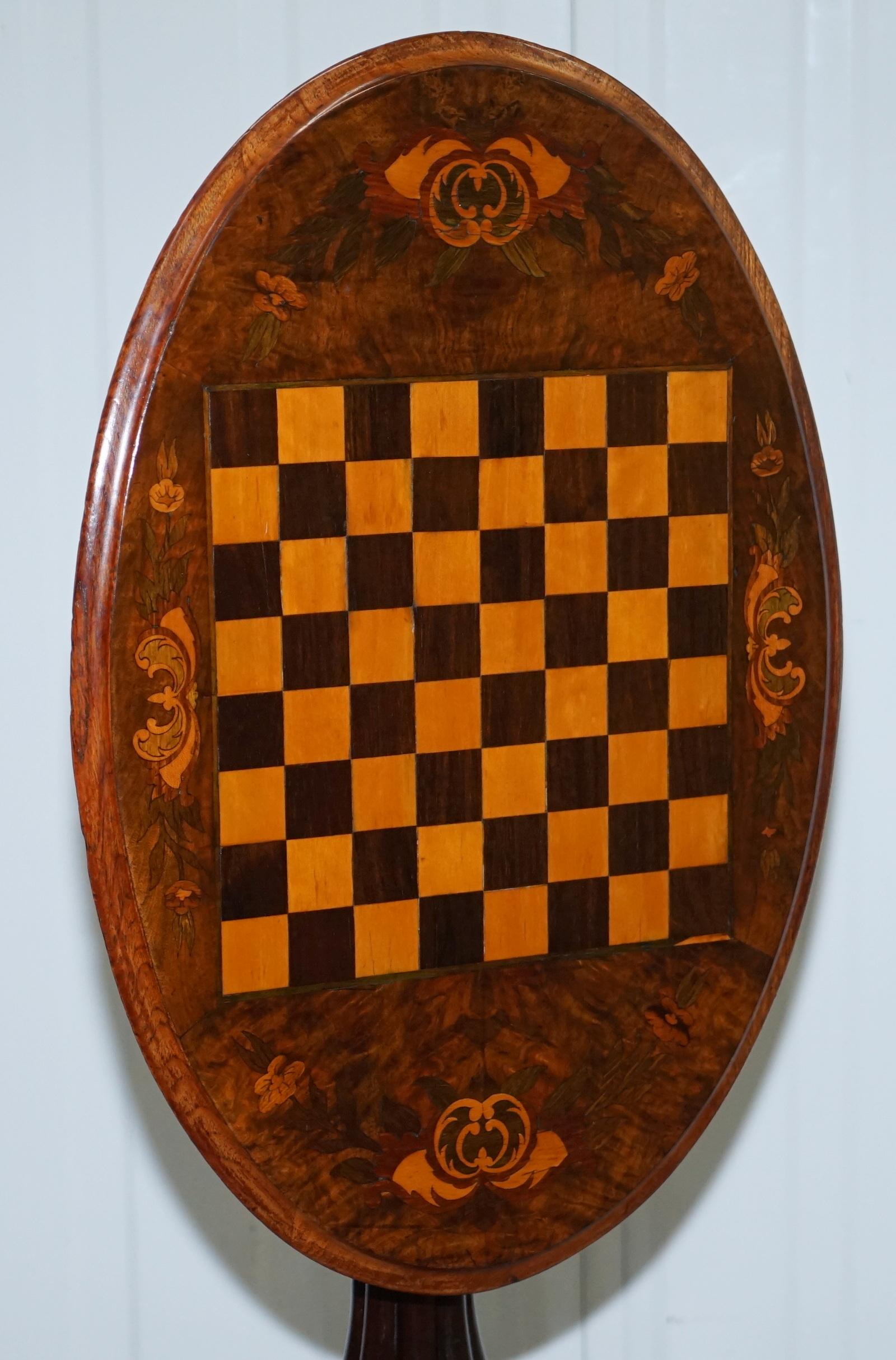Victorian 1880 Walnut Marquetry Inlaid Chess Tilt-Top Games Table Ornate Legs 9