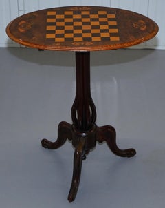 Victorian 1880 Walnut Marquetry Inlaid Chess Tilt-Top Games Table Ornate Legs
