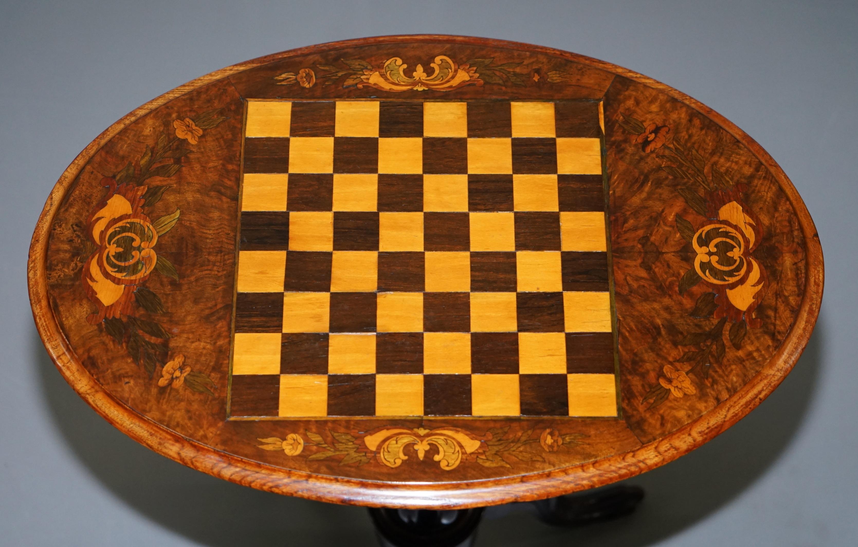 English Victorian 1880 Walnut Marquetry Inlaid Chess Tilt-Top Games Table Ornate Legs