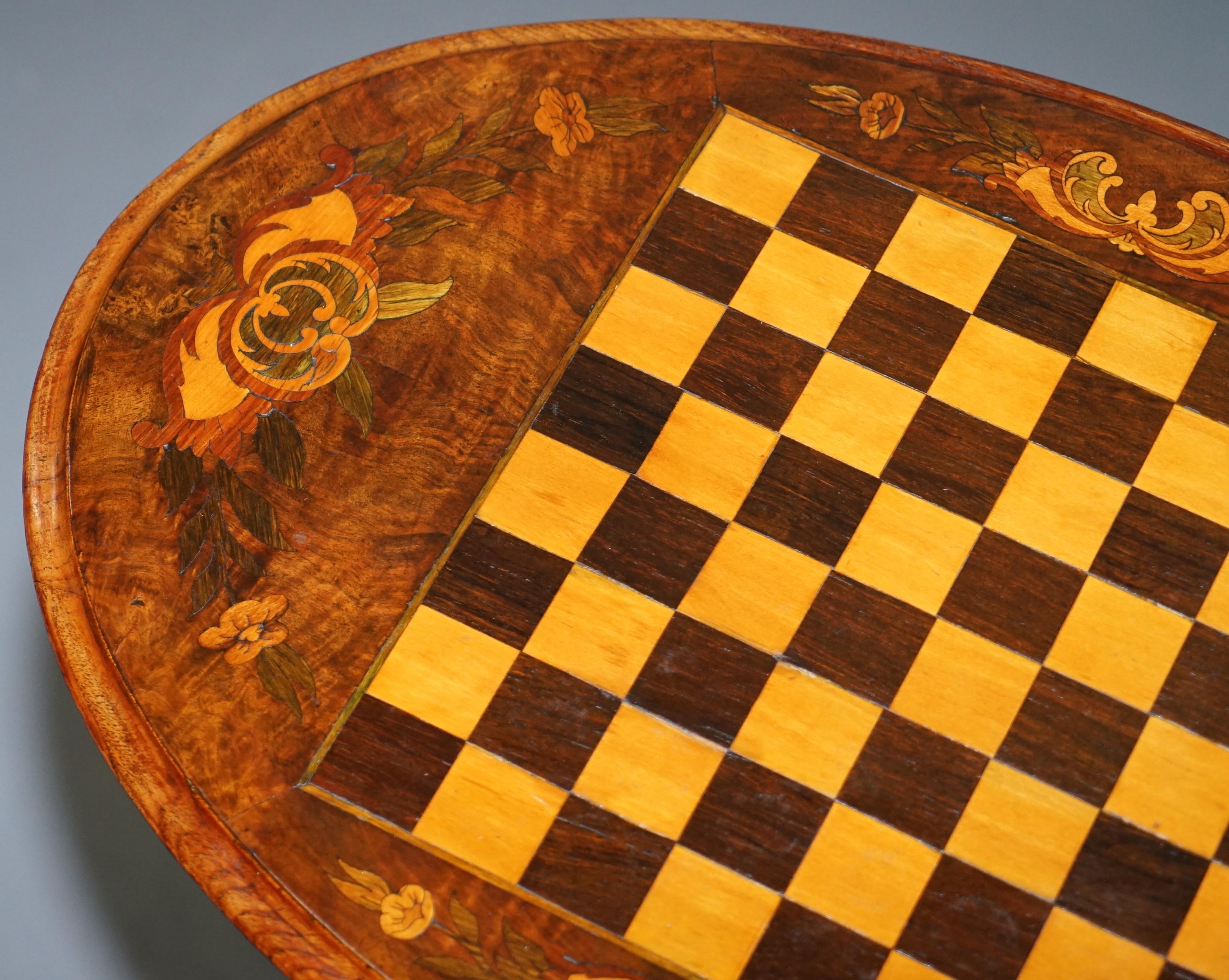 Late 19th Century Victorian 1880 Walnut Marquetry Inlaid Chess Tilt-Top Games Table Ornate Legs