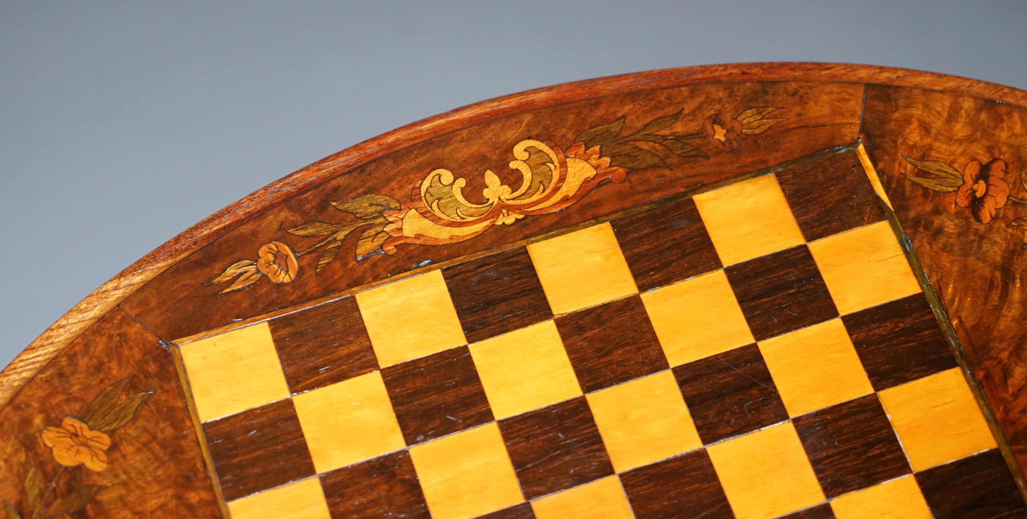 Victorian 1880 Walnut Marquetry Inlaid Chess Tilt-Top Games Table Ornate Legs 1