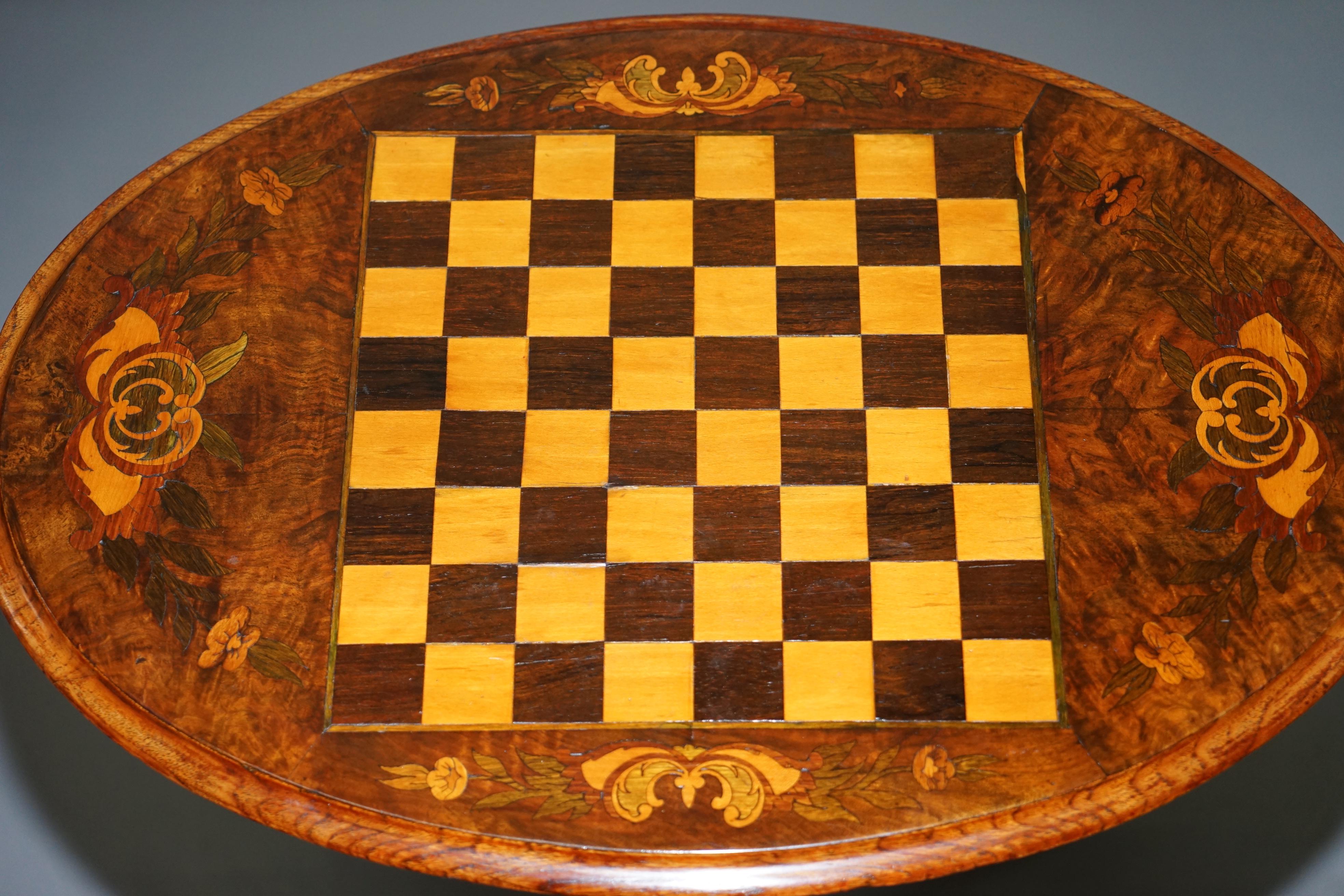 Victorian 1880 Walnut Marquetry Inlaid Chess Tilt-Top Games Table Ornate Legs 4