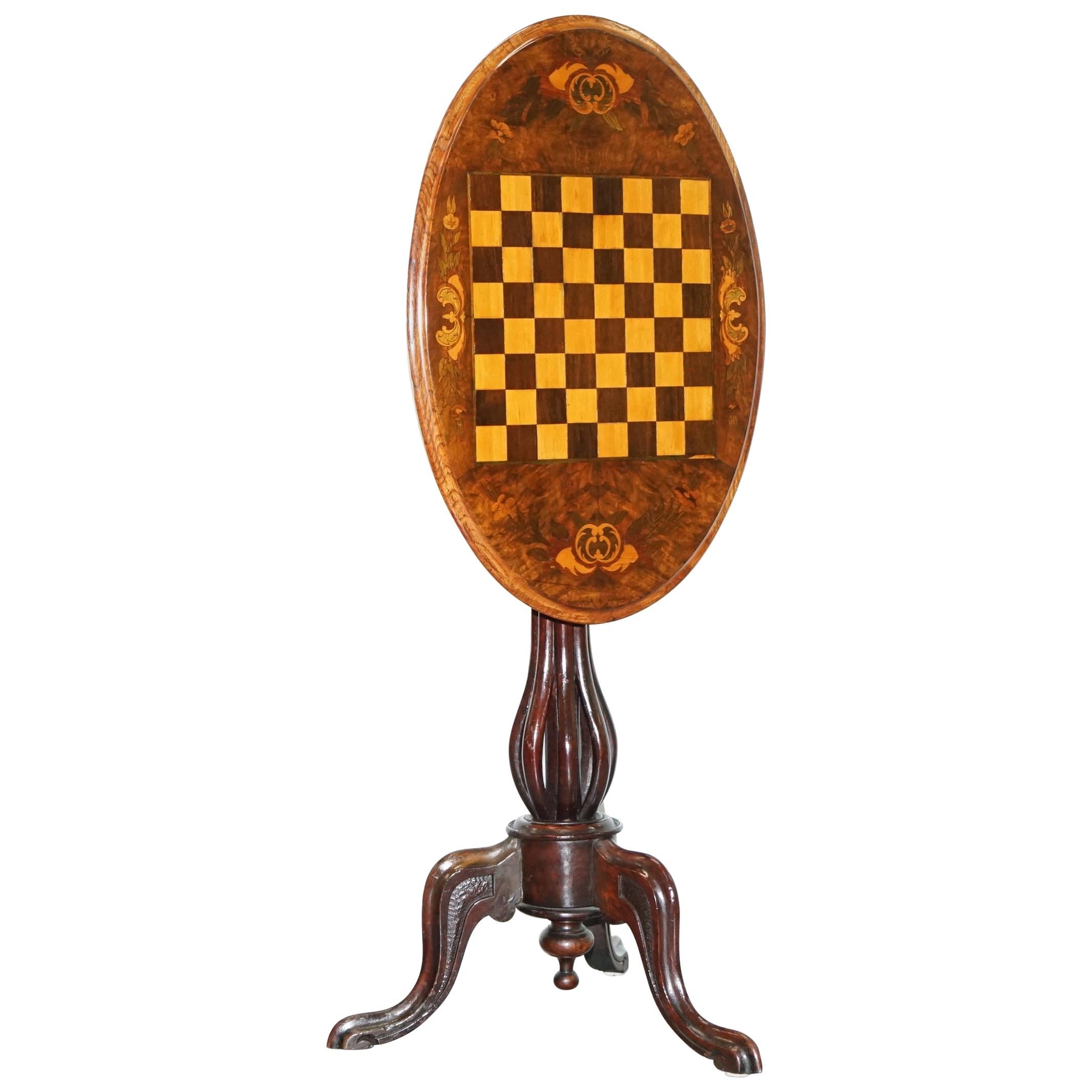 Victorian 1880 Walnut Marquetry Inlaid Chess Tilt-Top Games Table Ornate Legs