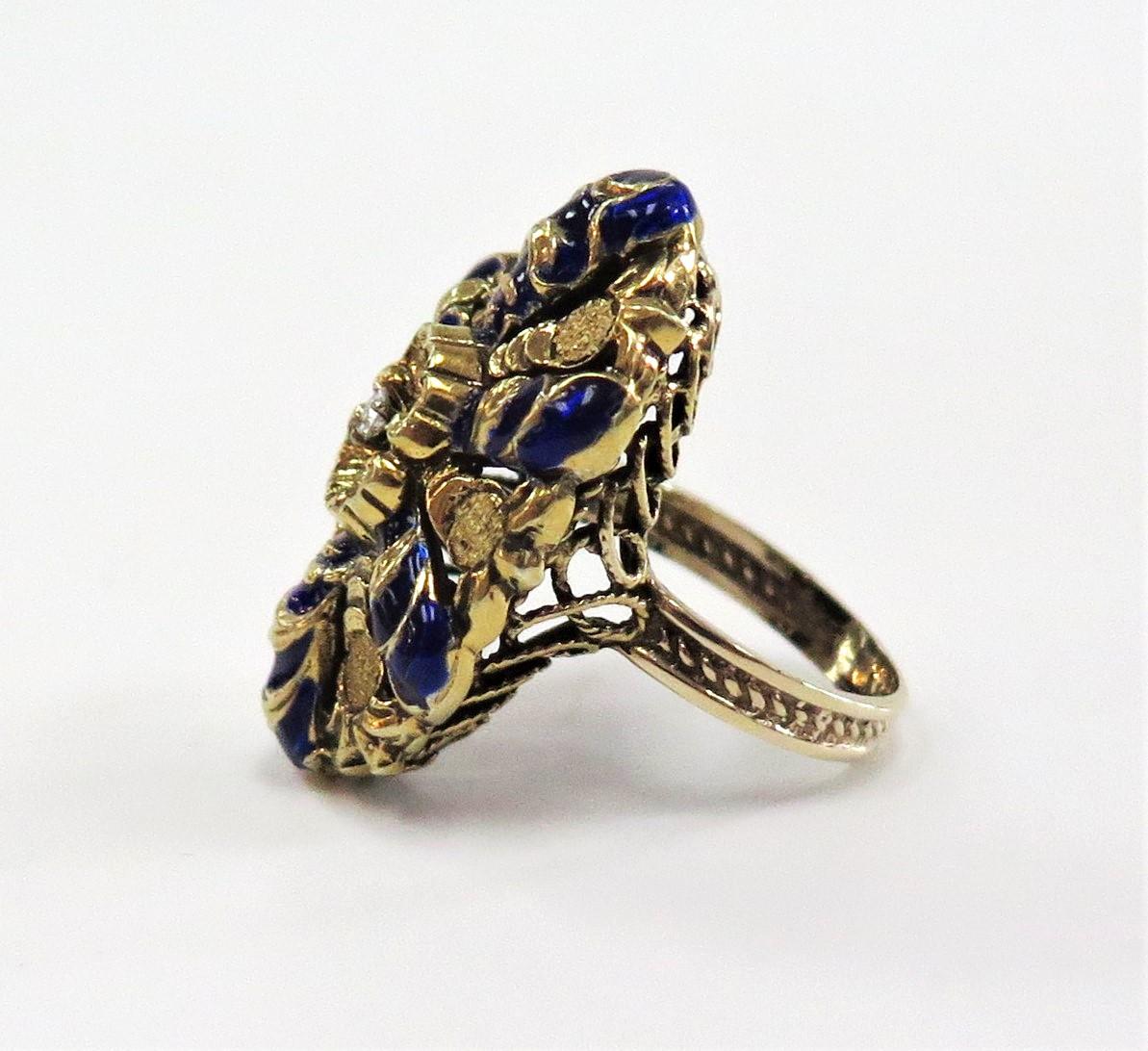 Round Cut Victorian 1880s Blue Enamel and Diamond Ring or 14 Karat Yellow Gold