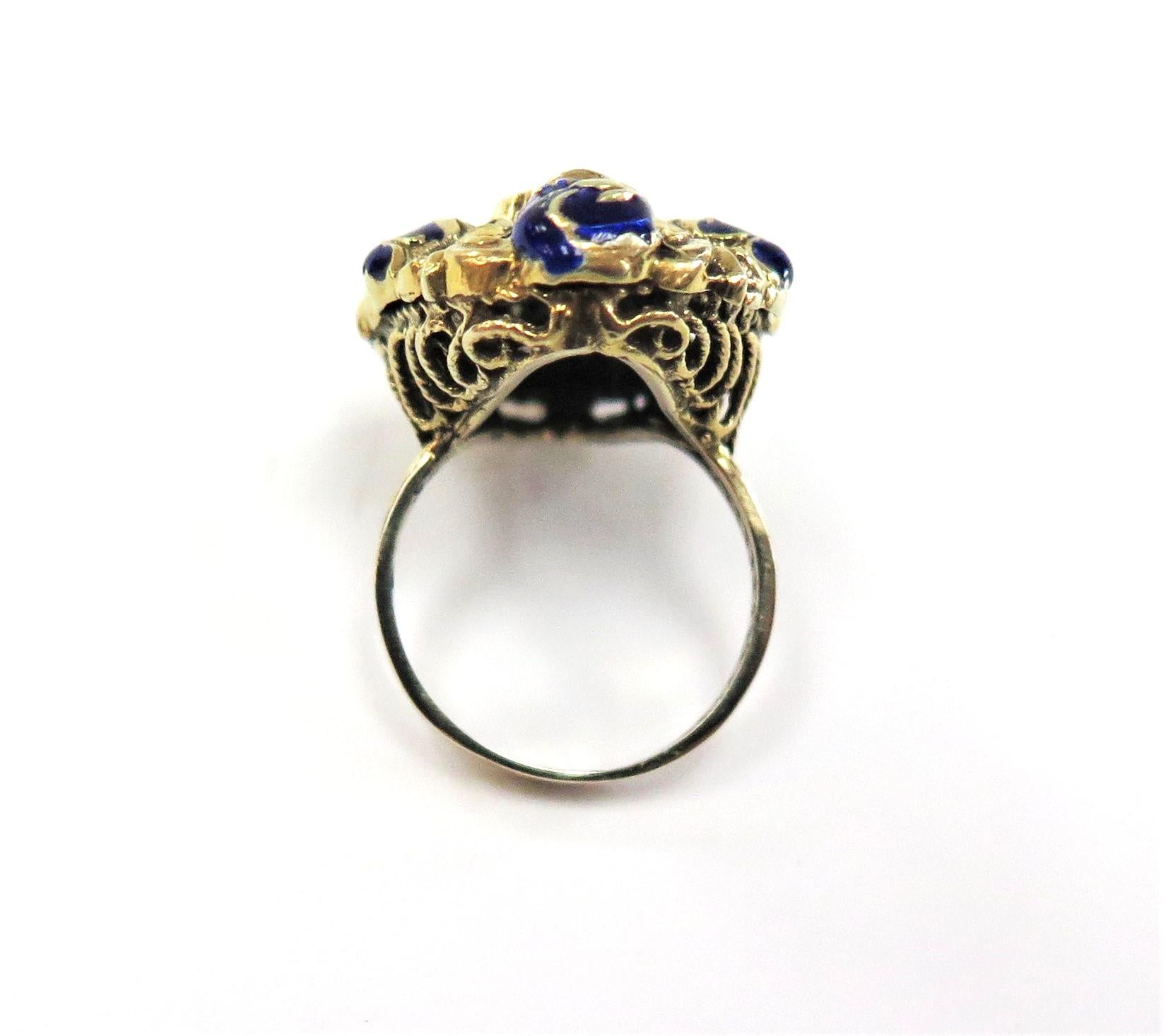 Women's Victorian 1880s Blue Enamel and Diamond Ring or 14 Karat Yellow Gold