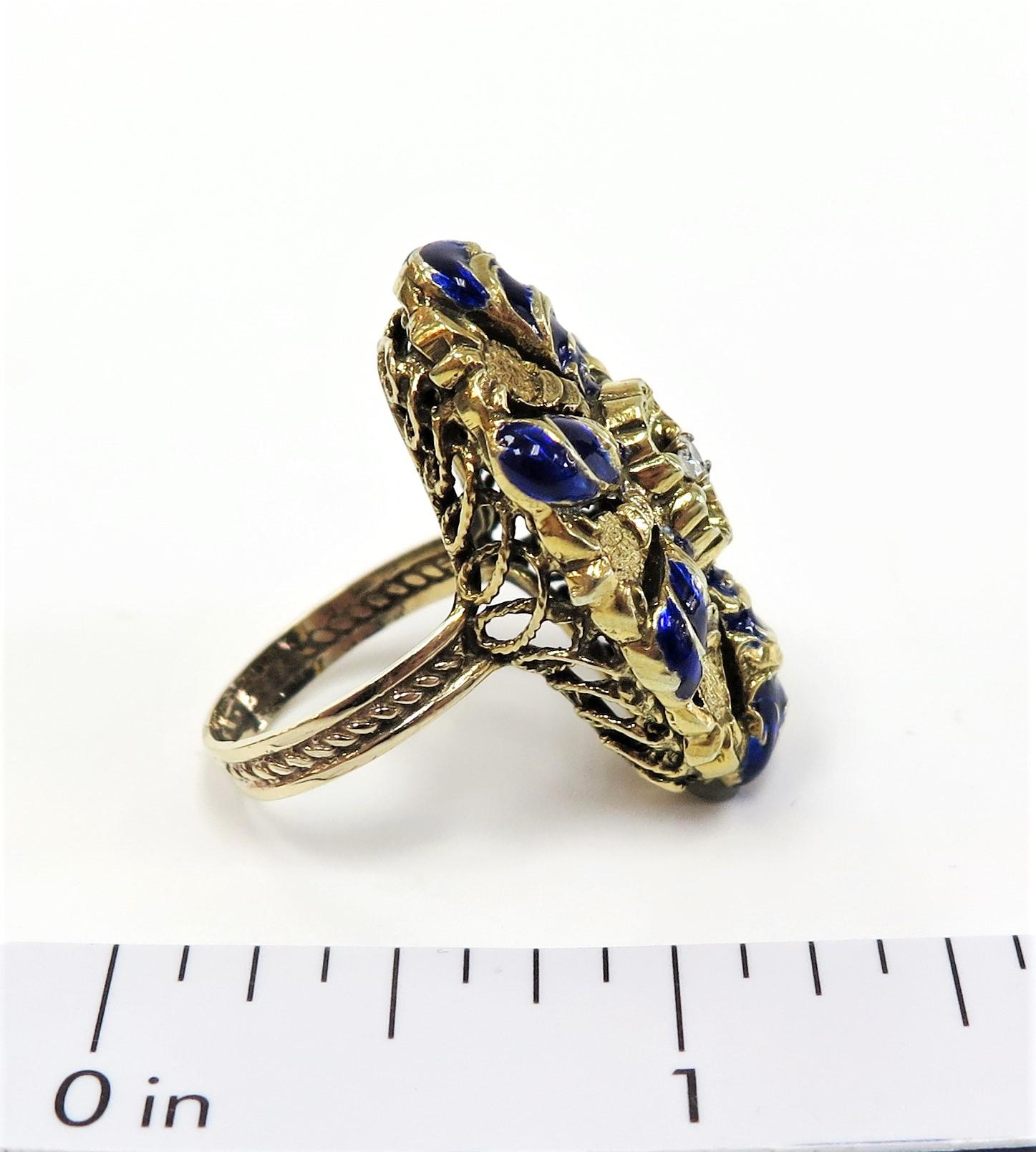 Victorian 1880s Blue Enamel and Diamond Ring or 14 Karat Yellow Gold 2